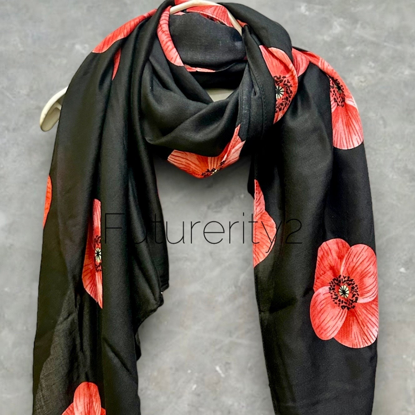 Poppy Flowers Black Cotton Blend Scarf