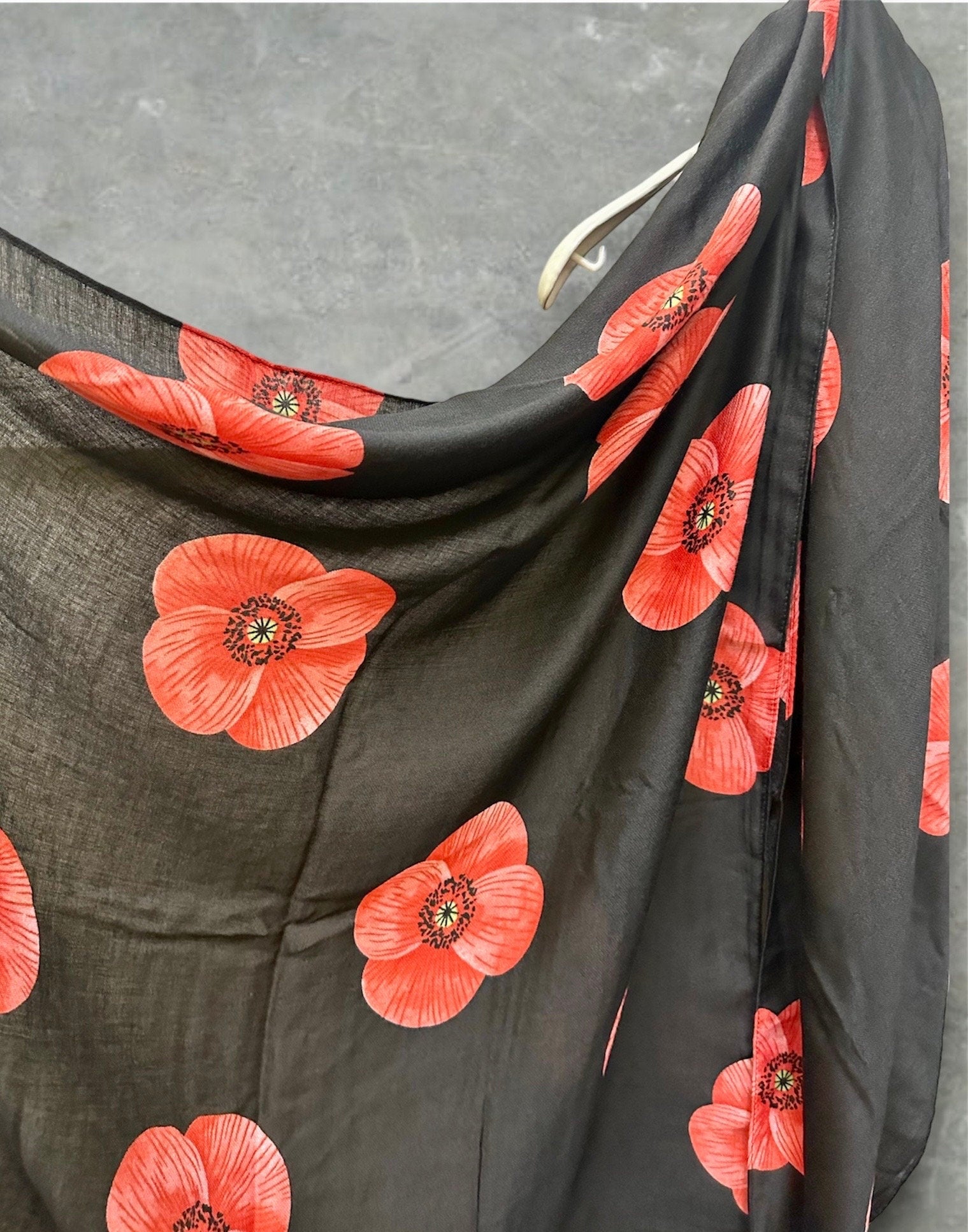 Poppy Flowers Black Cotton Blend Scarf