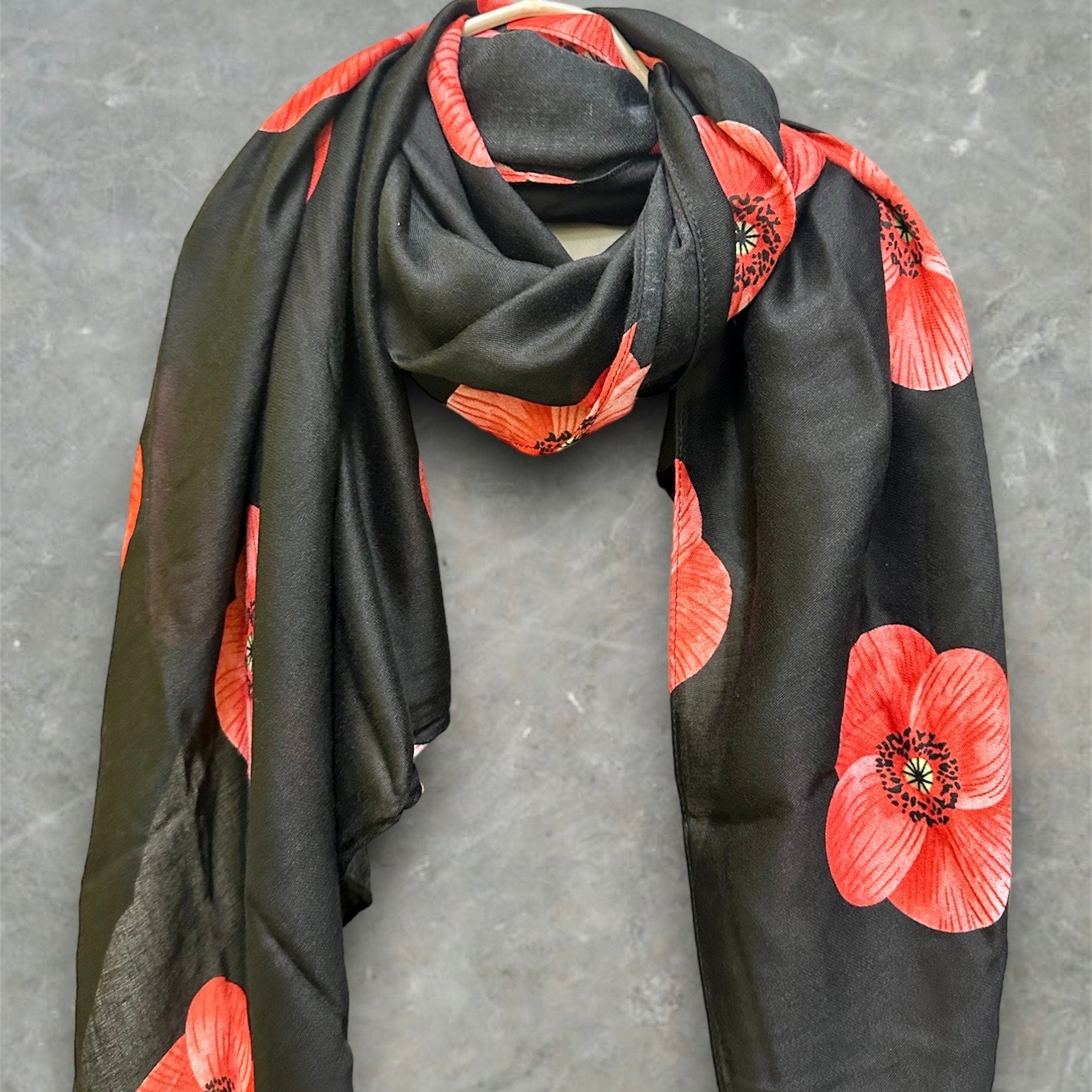 Poppy Flowers Black Cotton Blend Scarf