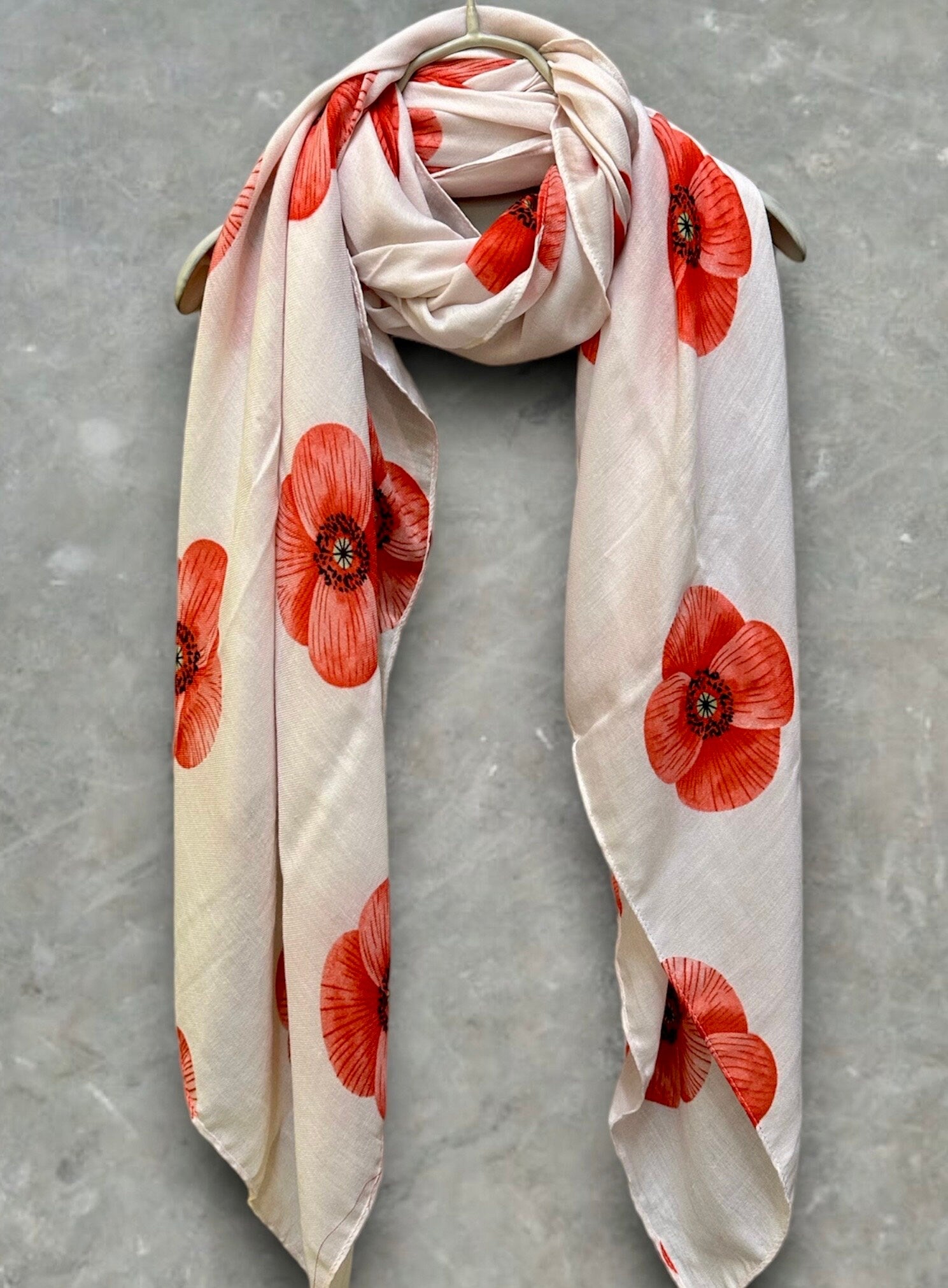 Poppy Flowers White Cotton Blend Scarf