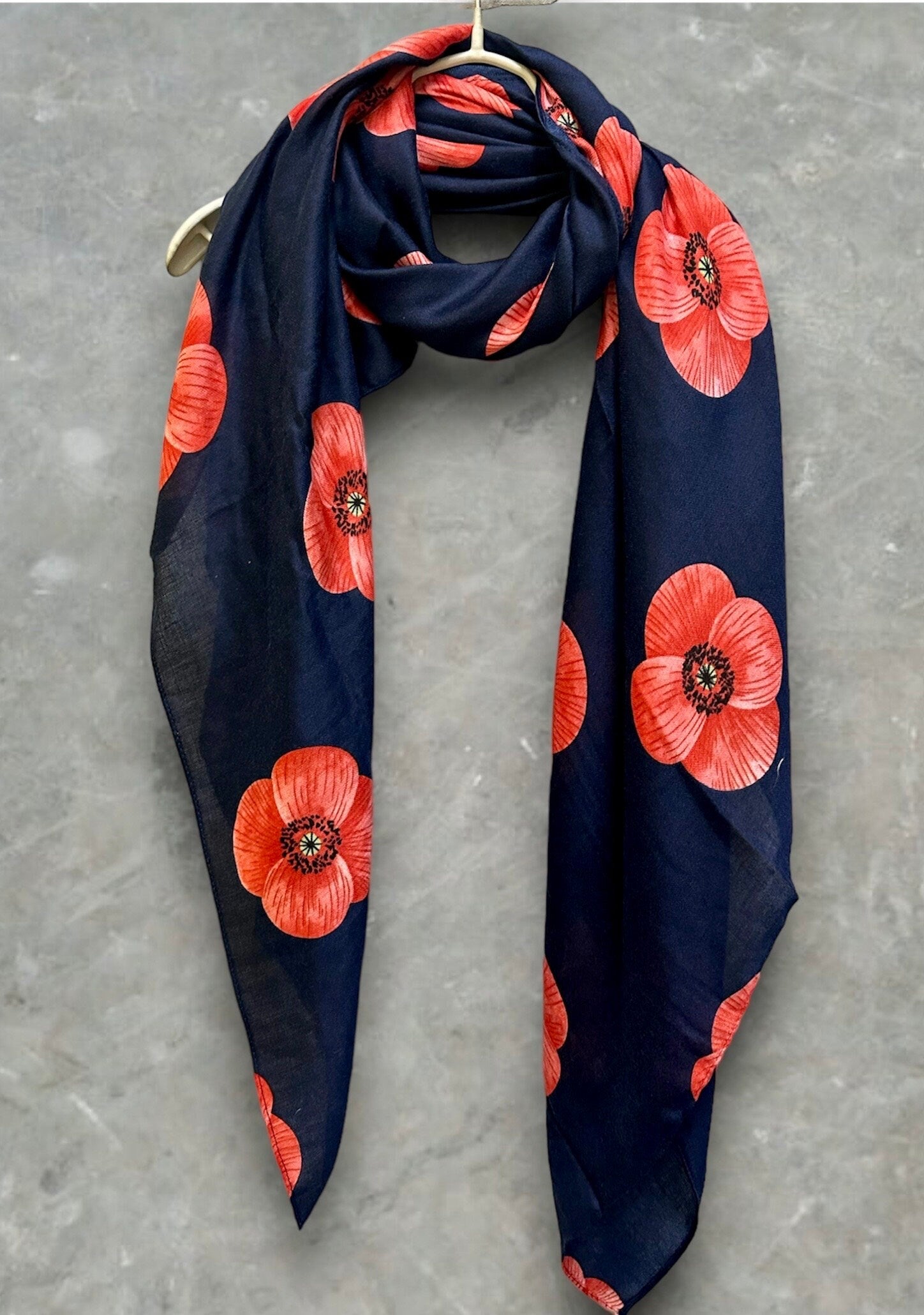 Poppy Flowers Navy Blue Cotton Blend Scarf
