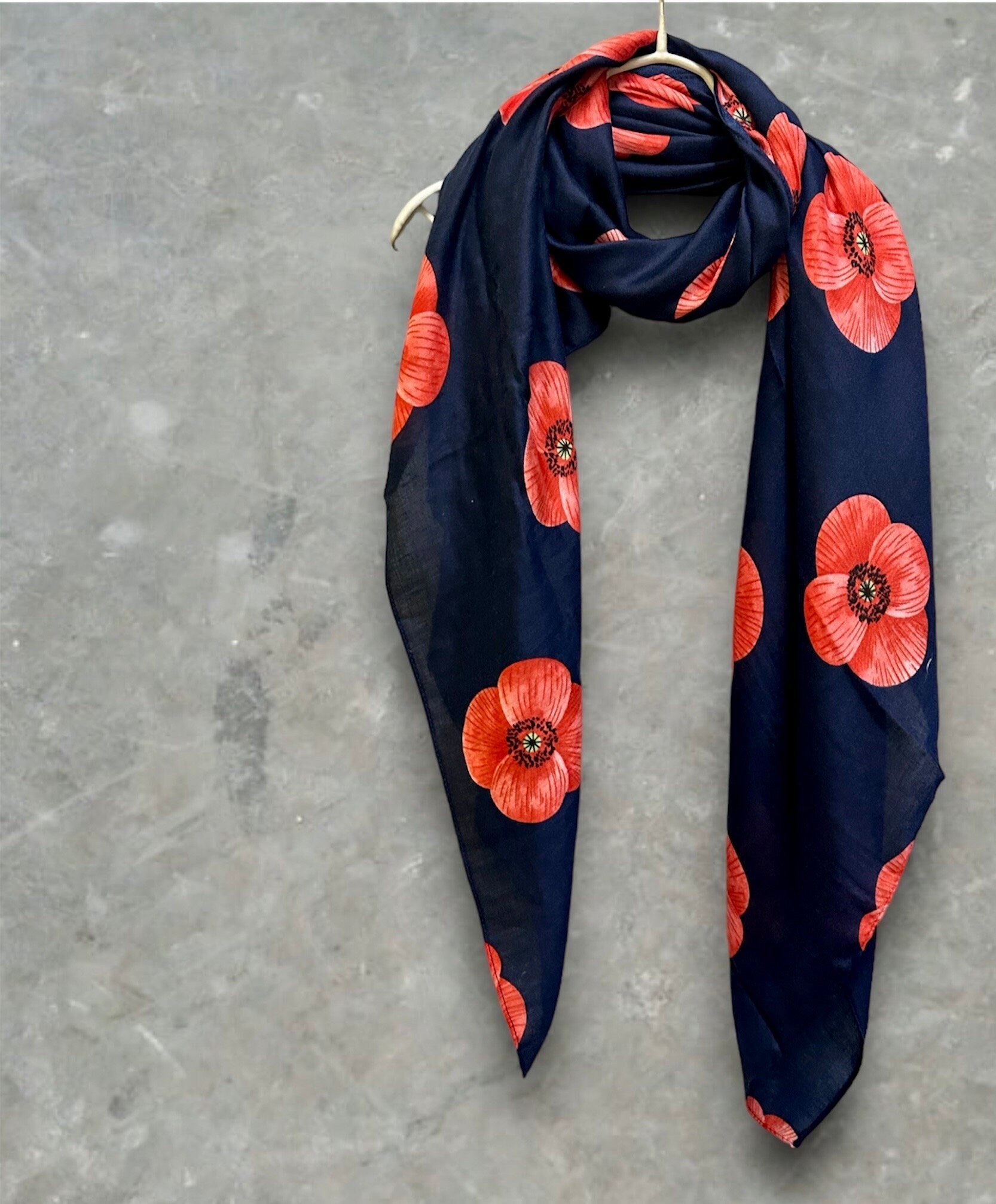 Poppy Flowers Navy Blue Cotton Blend Scarf
