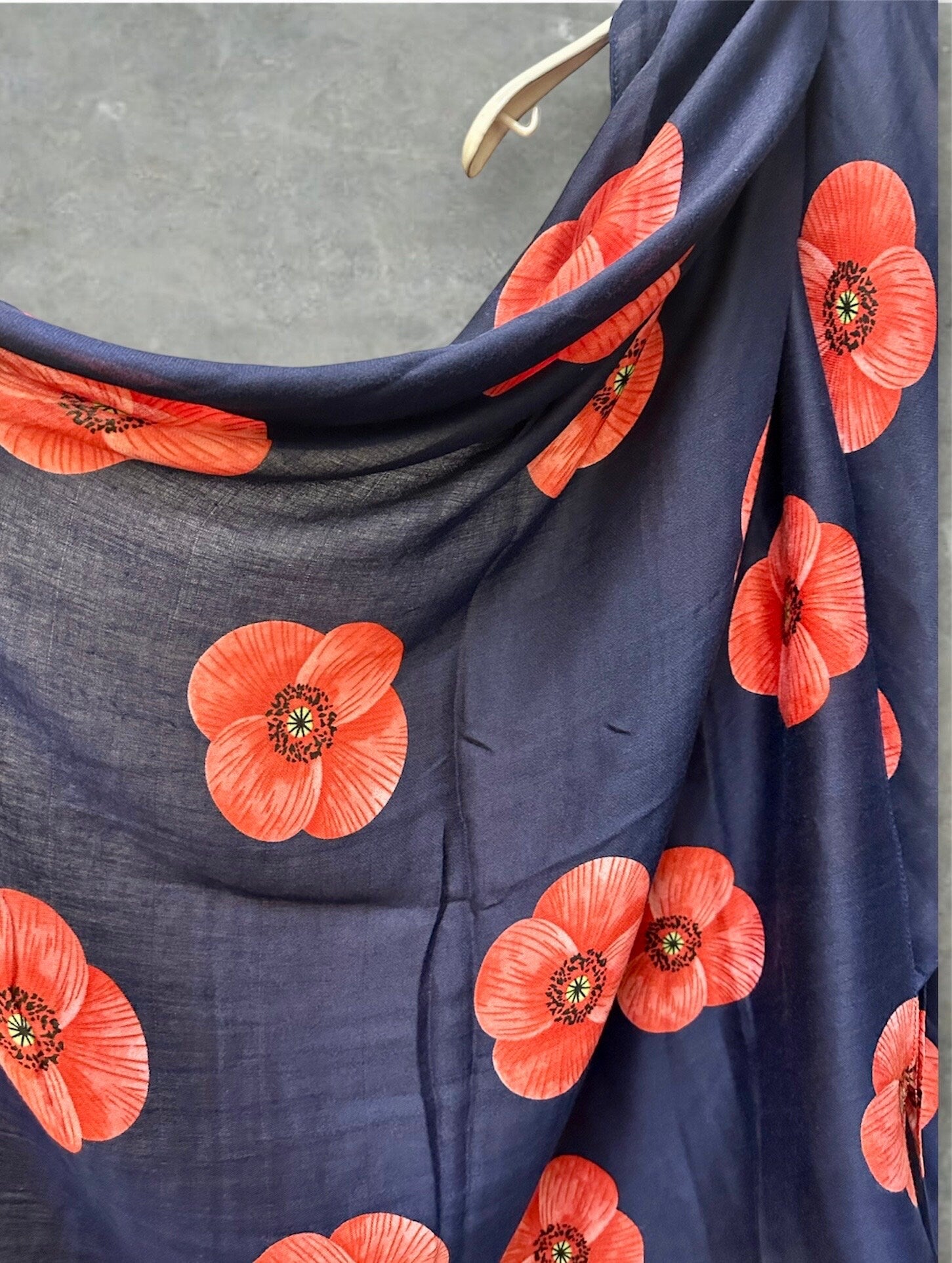 Poppy Flowers Navy Blue Cotton Blend Scarf