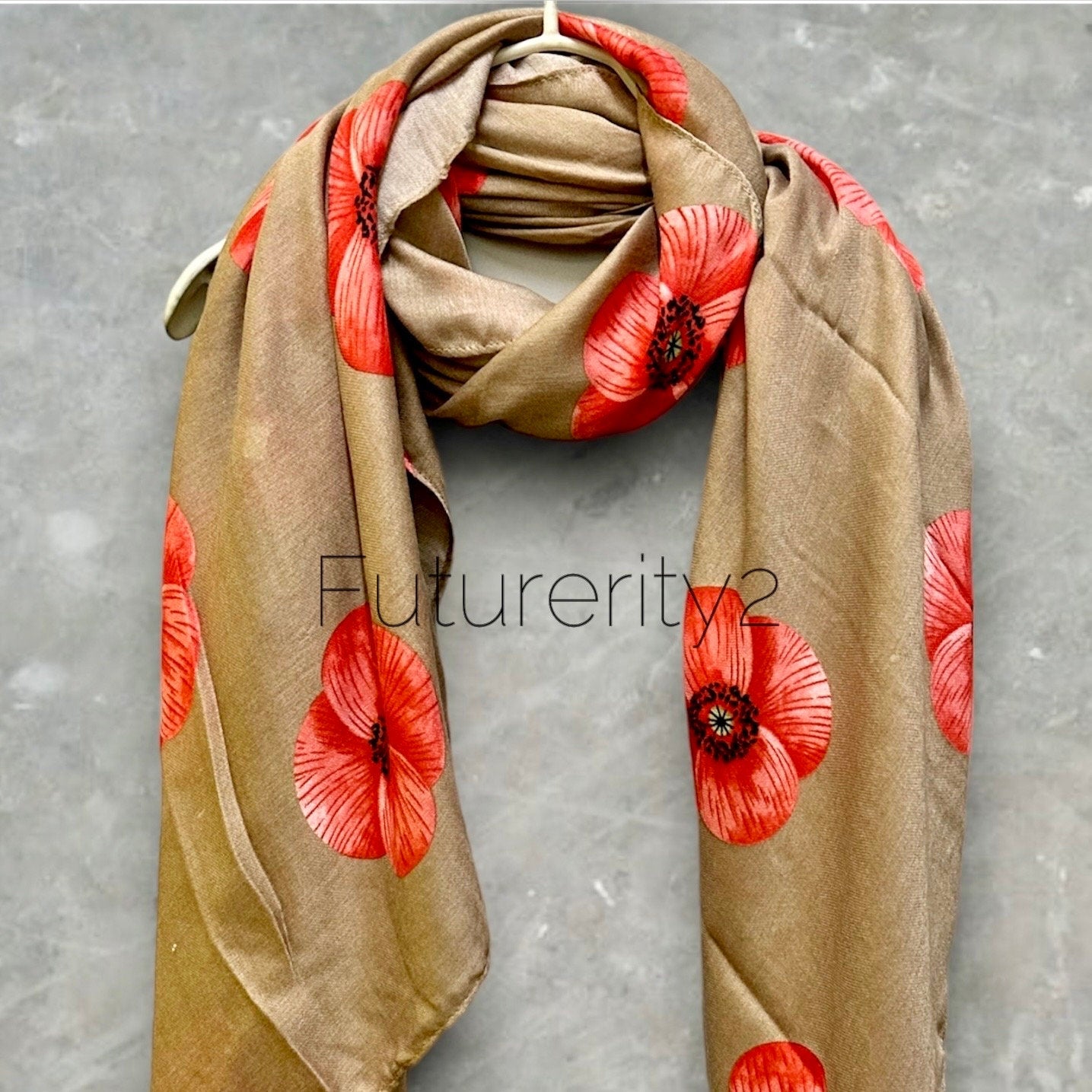Poppy Flowers Beige Cotton Blend Scarf