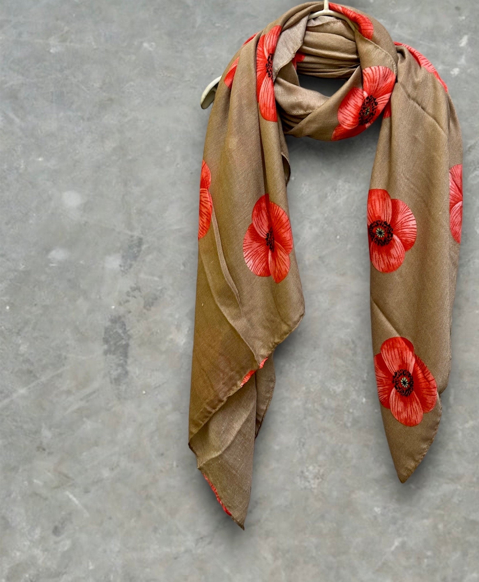 Poppy Flowers Beige Cotton Blend Scarf