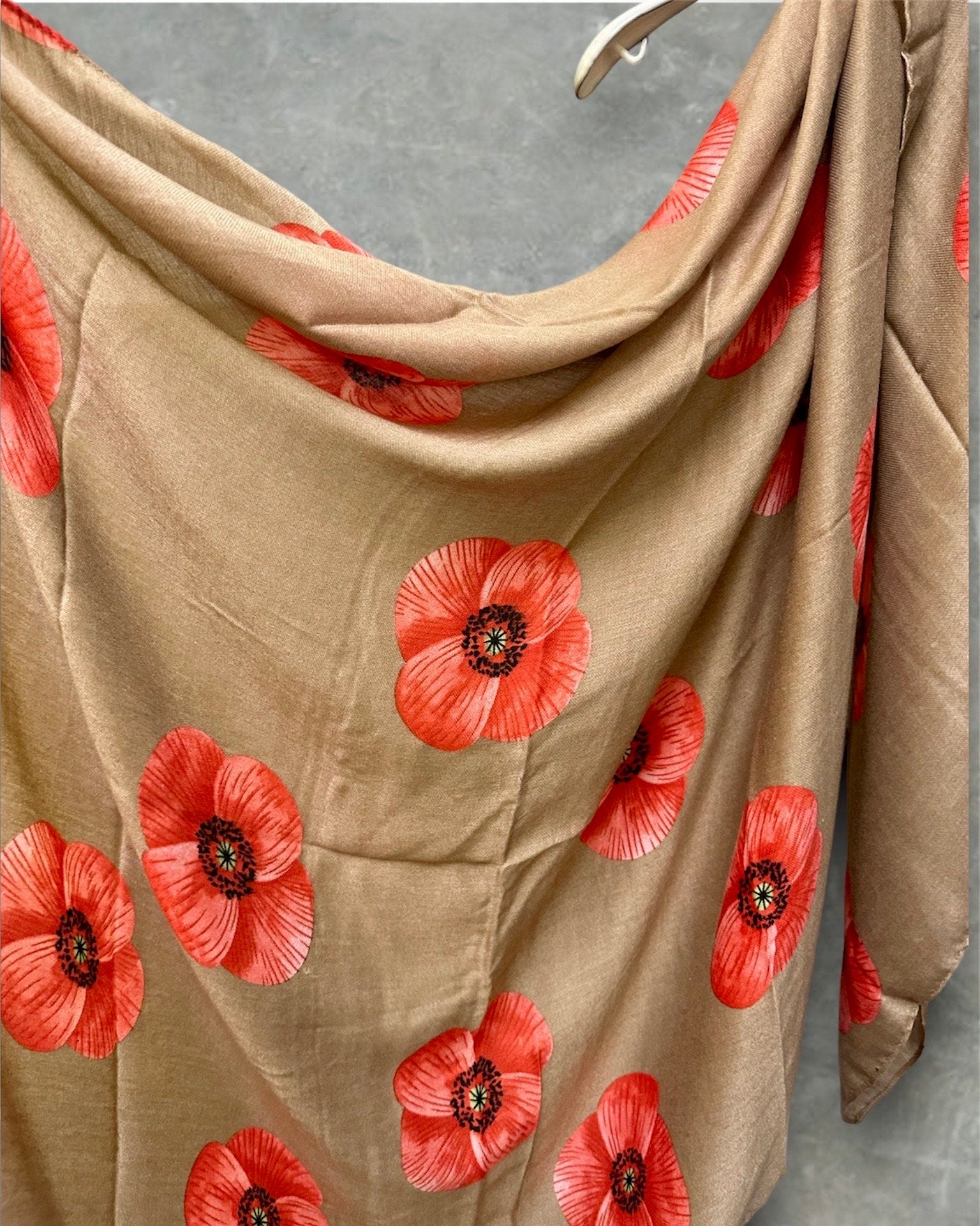 Poppy Flowers Beige Cotton Blend Scarf