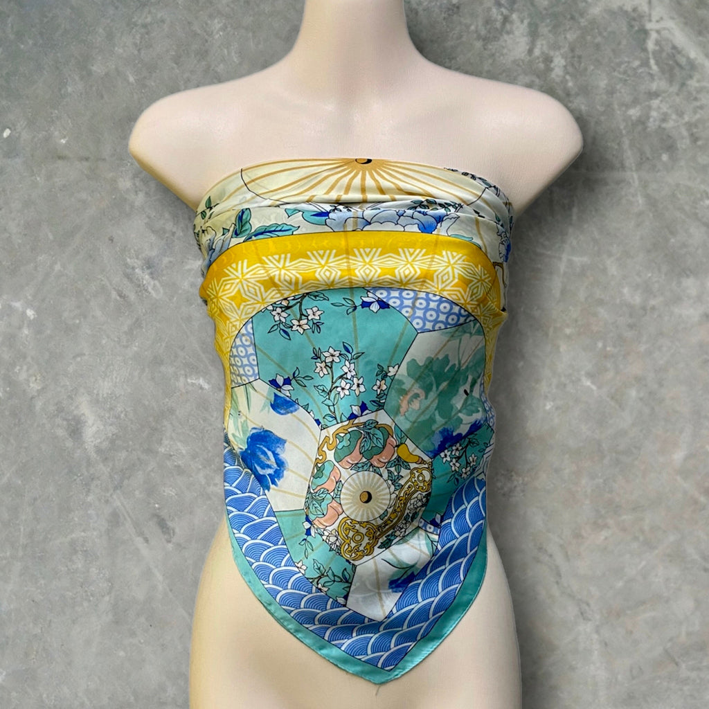 Light Blue Silk Blend Square Scarf with Japanese Kimono Pattern – A Stylish Gift for Her