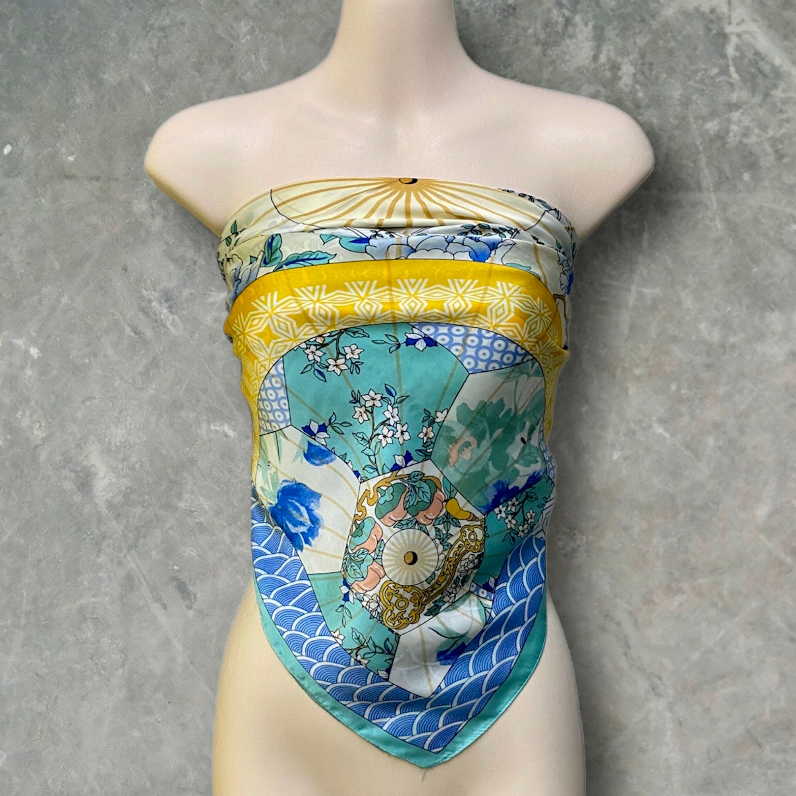 Light Blue Silk Blend Square Scarf with Japanese Kimono Pattern – A Stylish Gift for Her