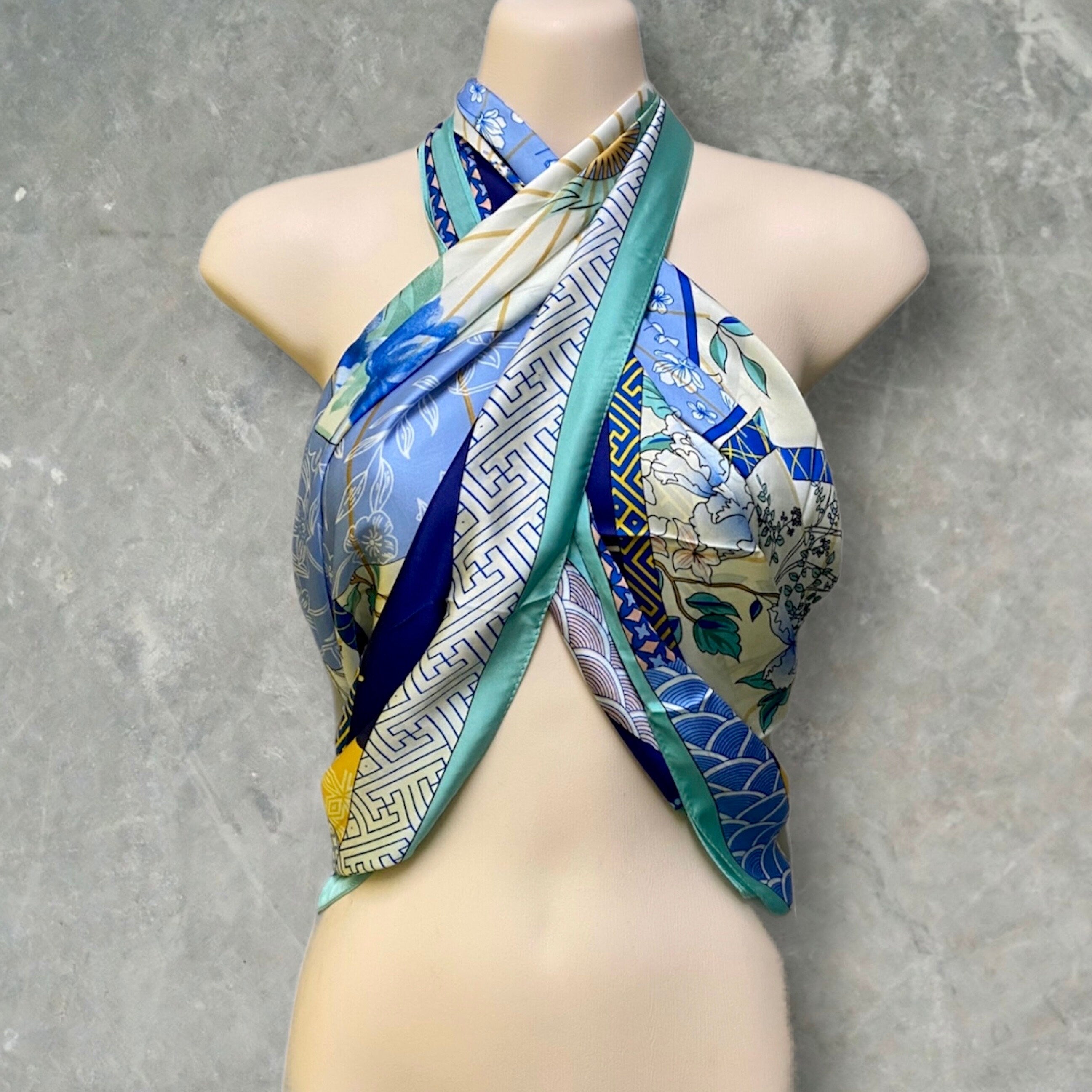Light Blue Silk Blend Square Scarf with Japanese Kimono Pattern – A Stylish Gift for Her