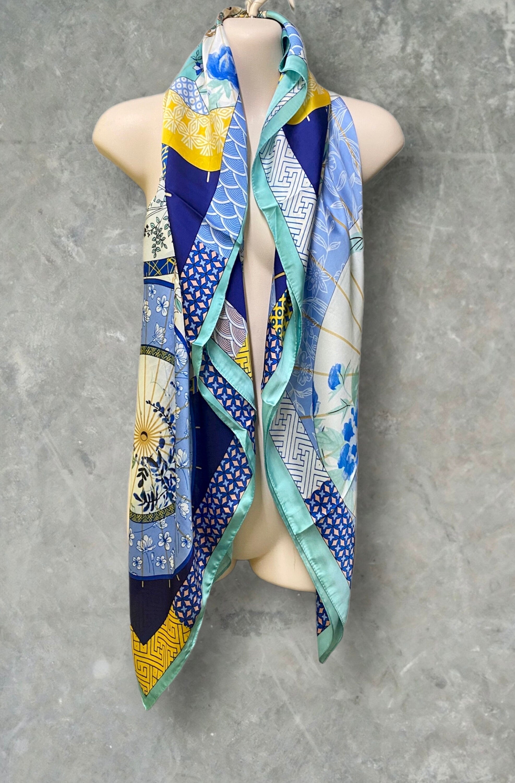 Light Blue Silk Blend Square Scarf with Japanese Kimono Pattern – A Stylish Gift for Her