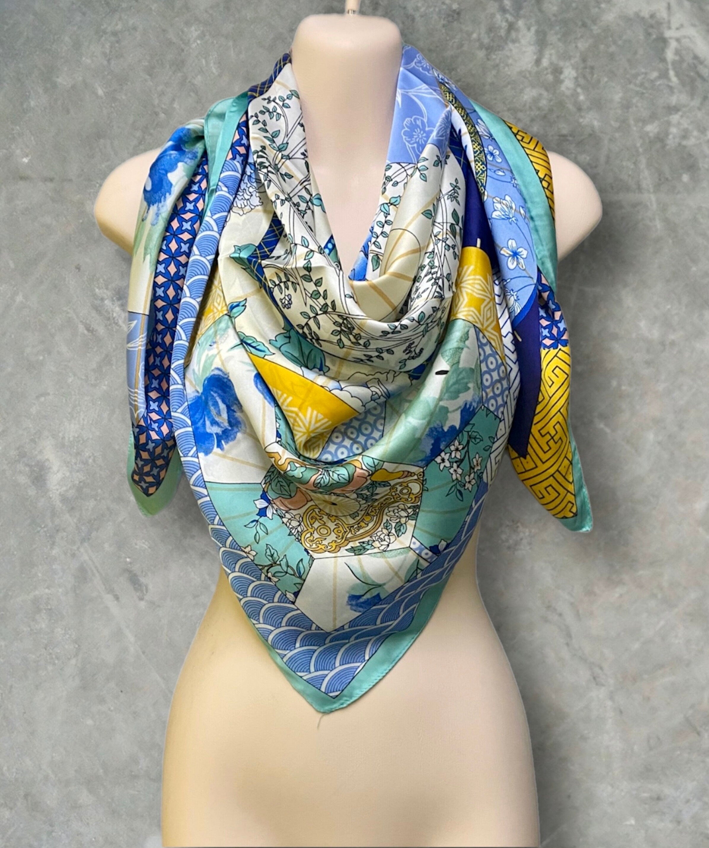 Light Blue Silk Blend Square Scarf with Japanese Kimono Pattern – A Stylish Gift for Her