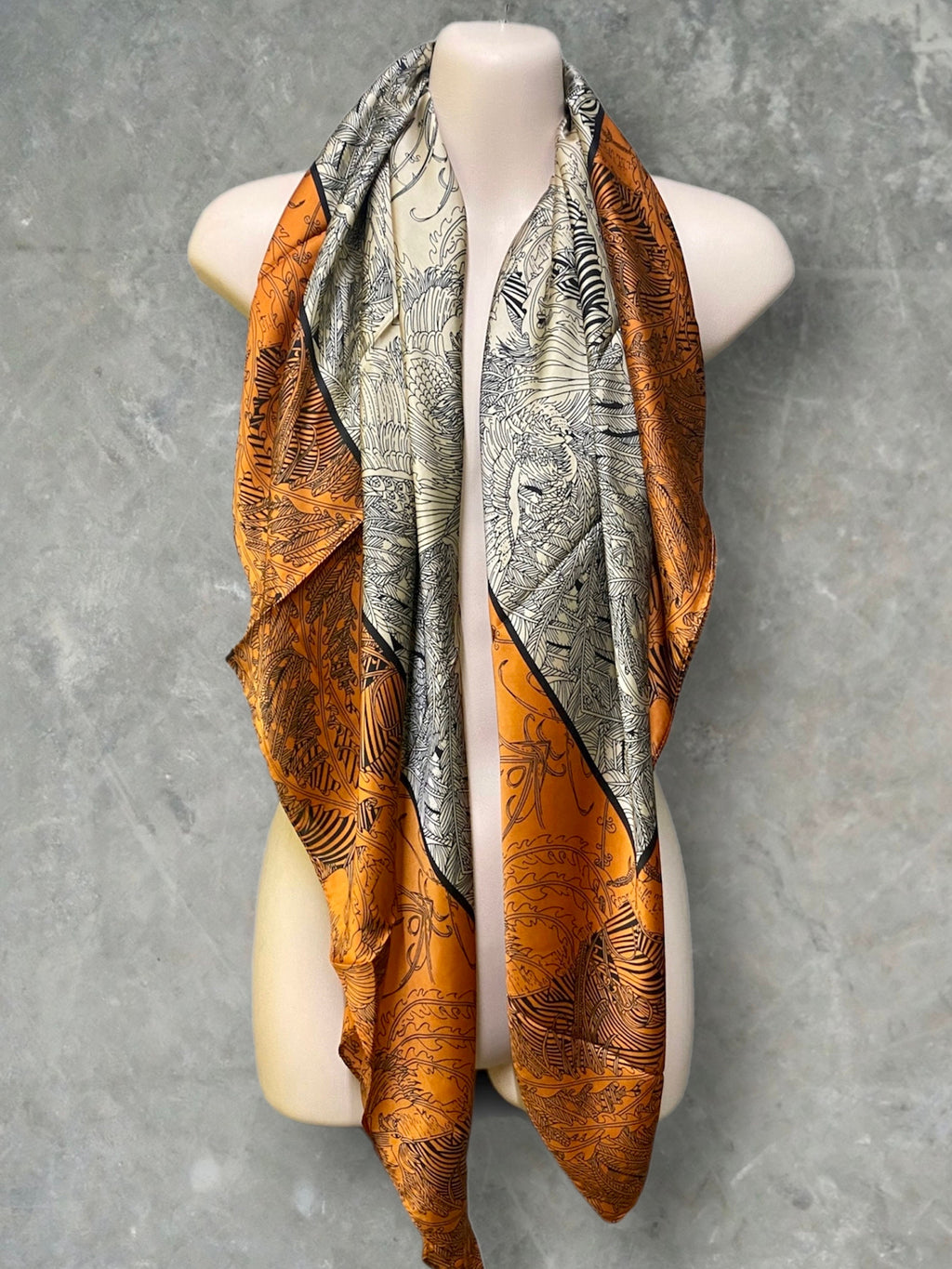 Gold Beige Silk Blend Square Scarf with Sketched Phoenix Pattern – A Stunning Gift for Her.