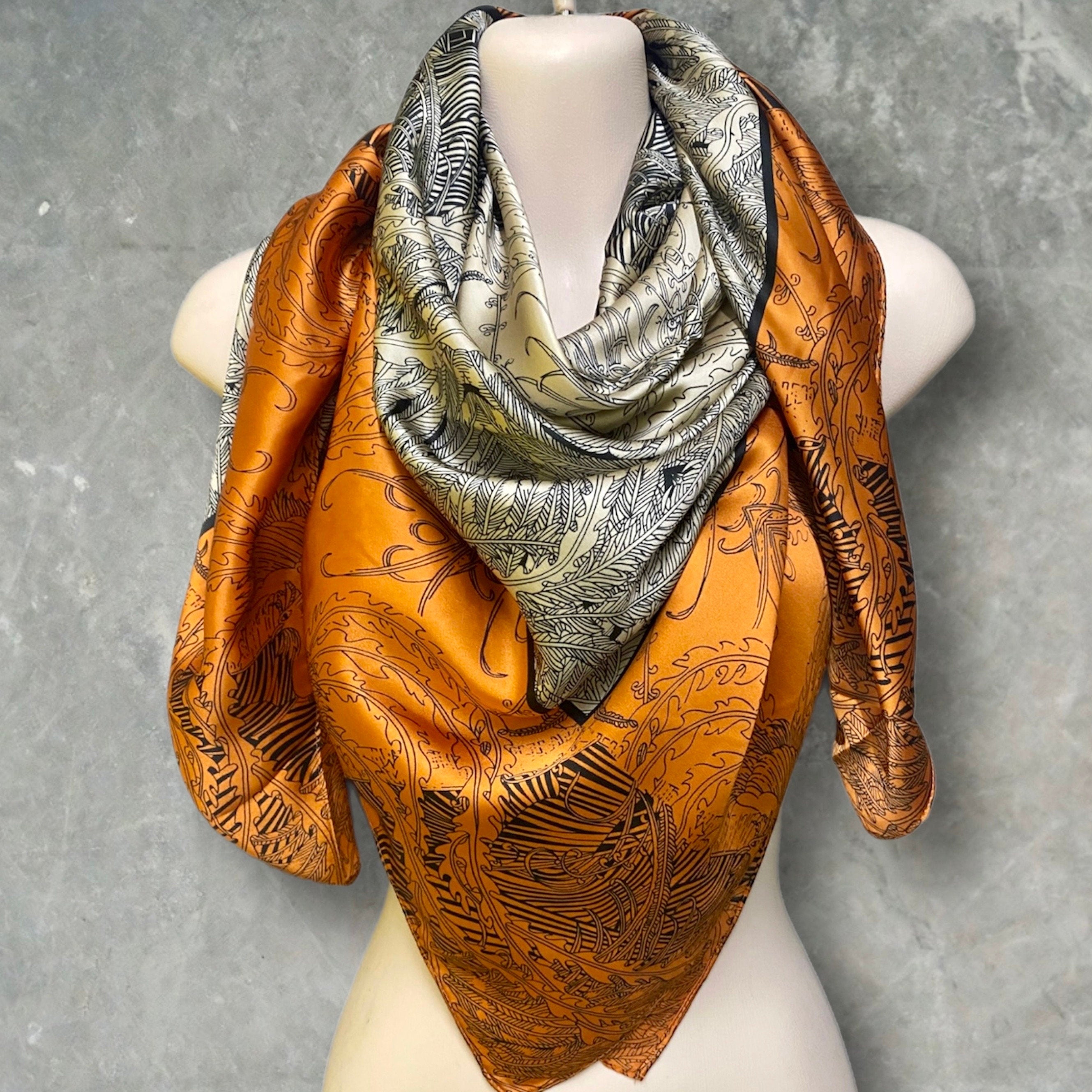 Gold Beige Silk Blend Square Scarf with Sketched Phoenix Pattern – A Stunning Gift for Her.