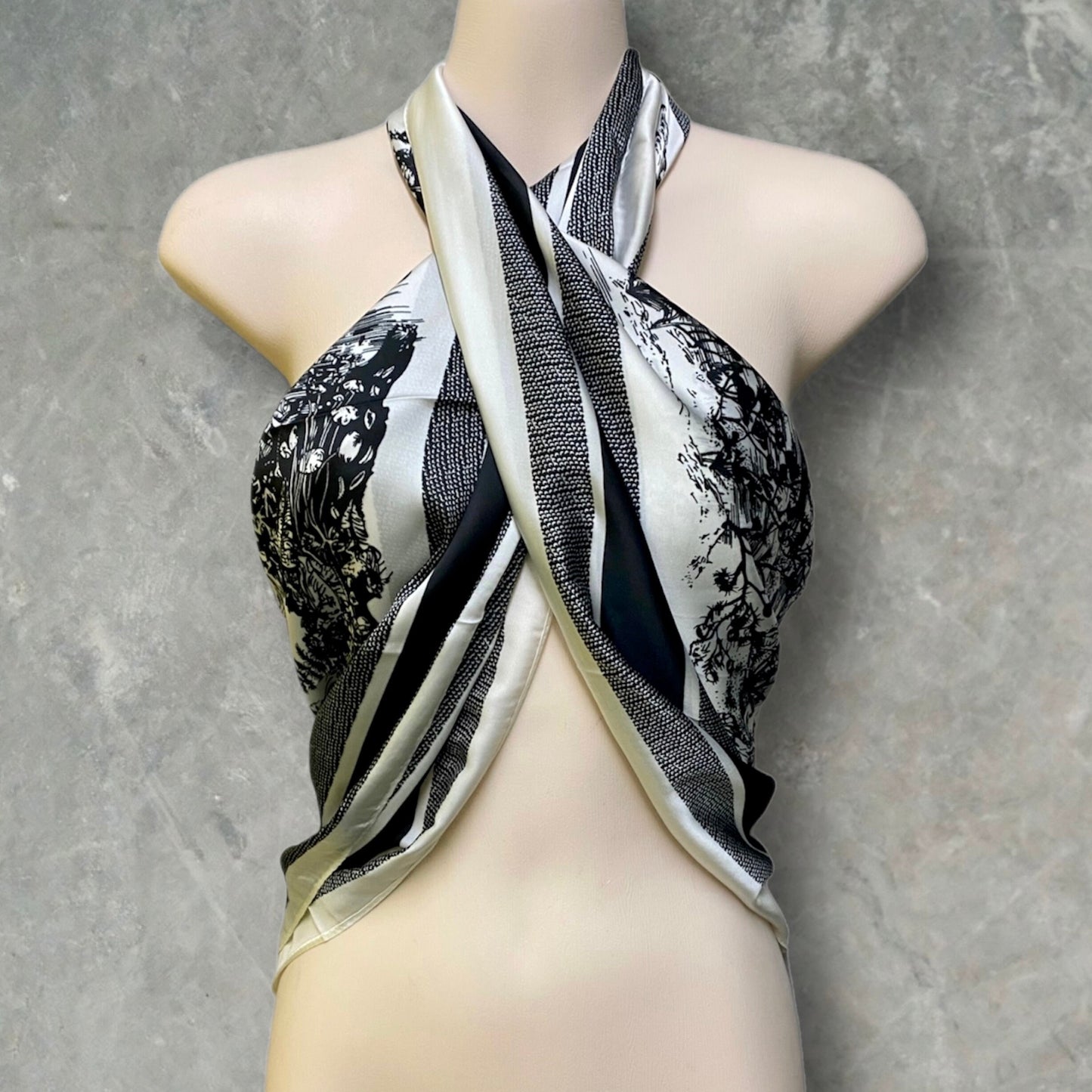 Black And Grey Silk Square Scarf with Sketched Forest Pattern – A Timeless Gift for Her, Any Occasion