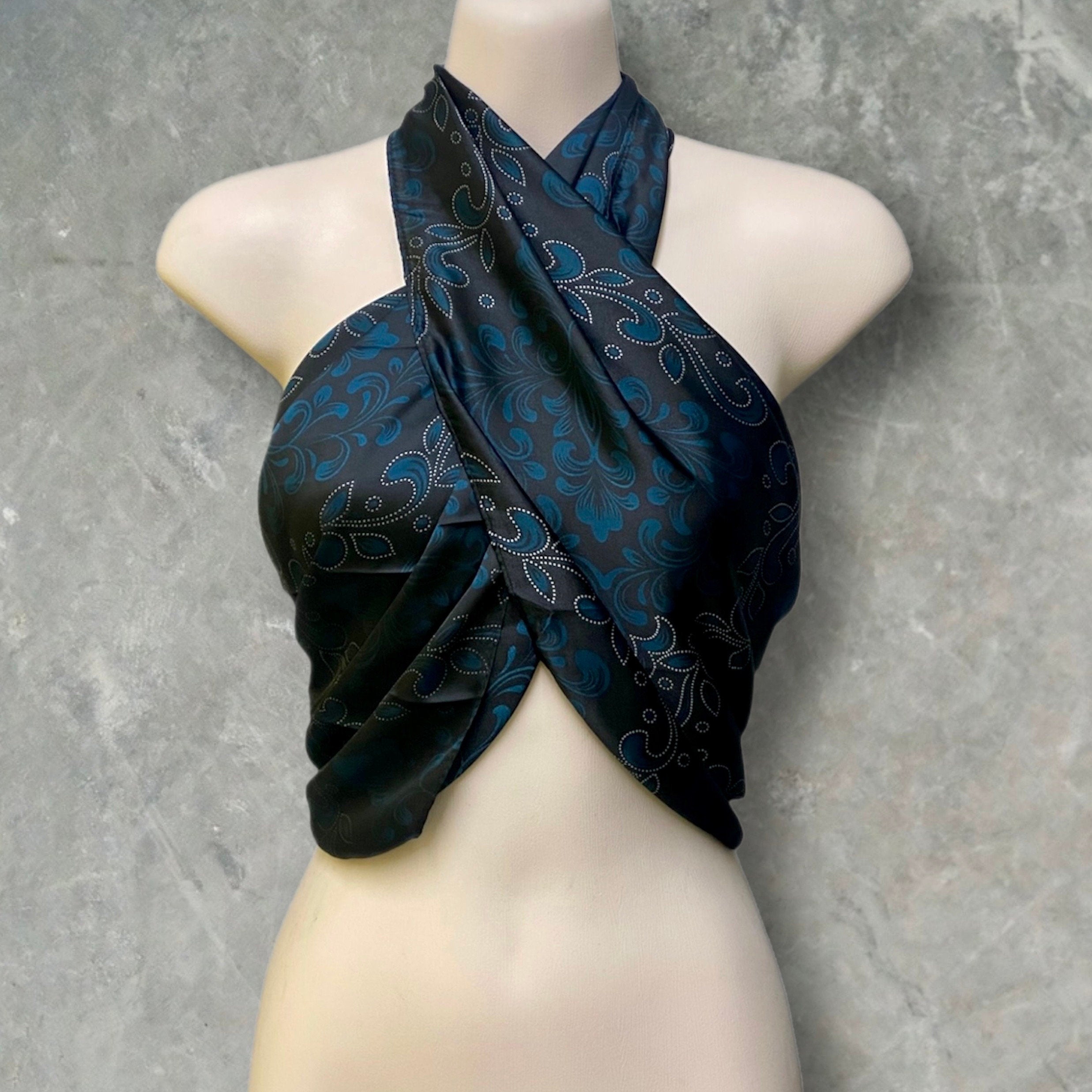 Dark Blue Silk Blend Square Scarf with Elegant Paisley Pattern – A Timeless Gift for Her, Any Occasion