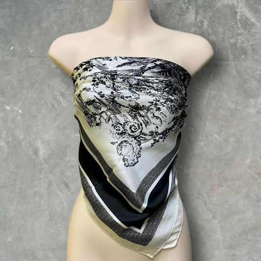 Black And Grey Silk Square Scarf with Sketched Forest Pattern – A Timeless Gift for Her, Any Occasion