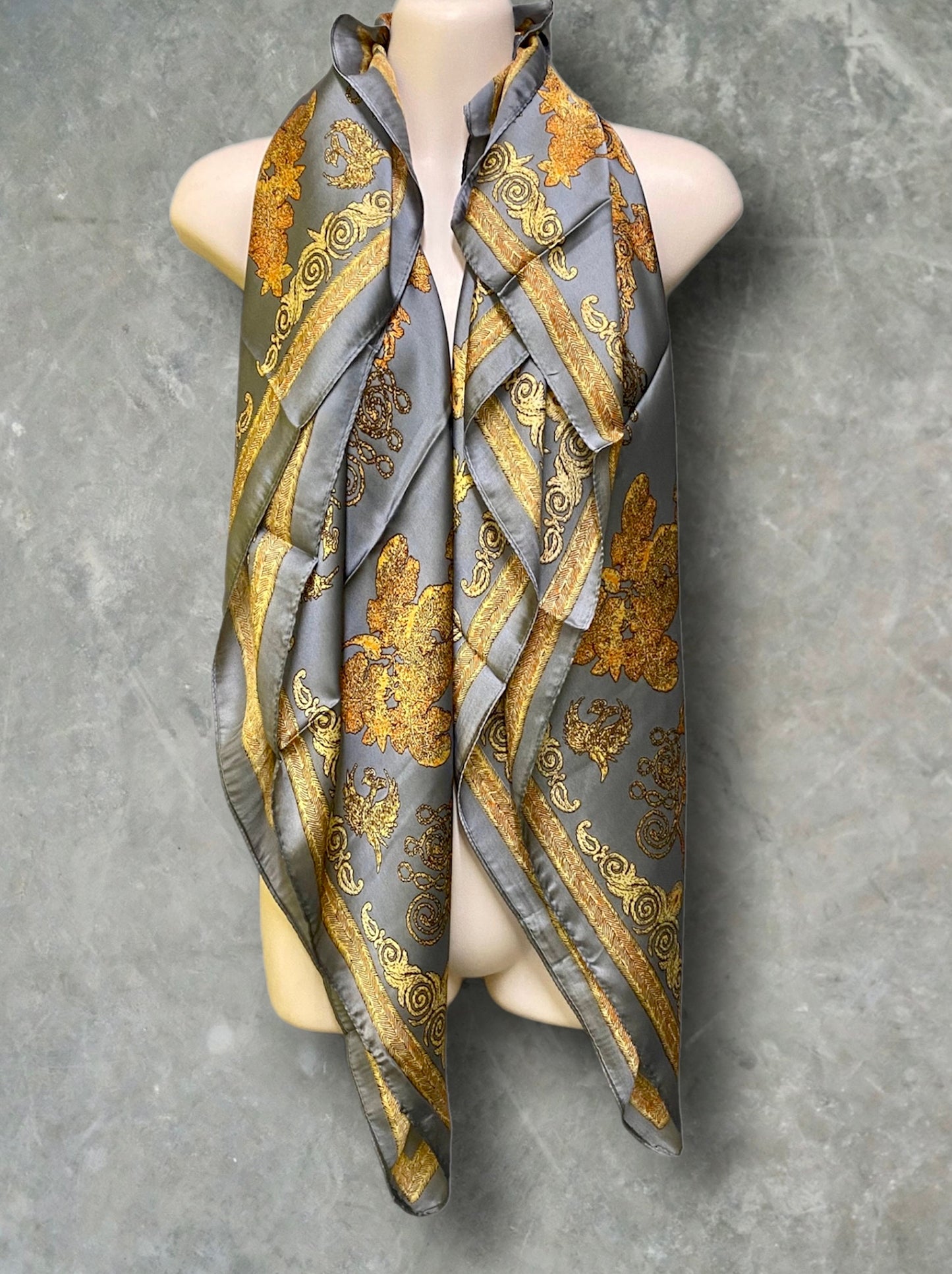 Gold and Silver Silk Square Scarf with Balinese Pattern – An Elegant Gift for Her, Any Occasion