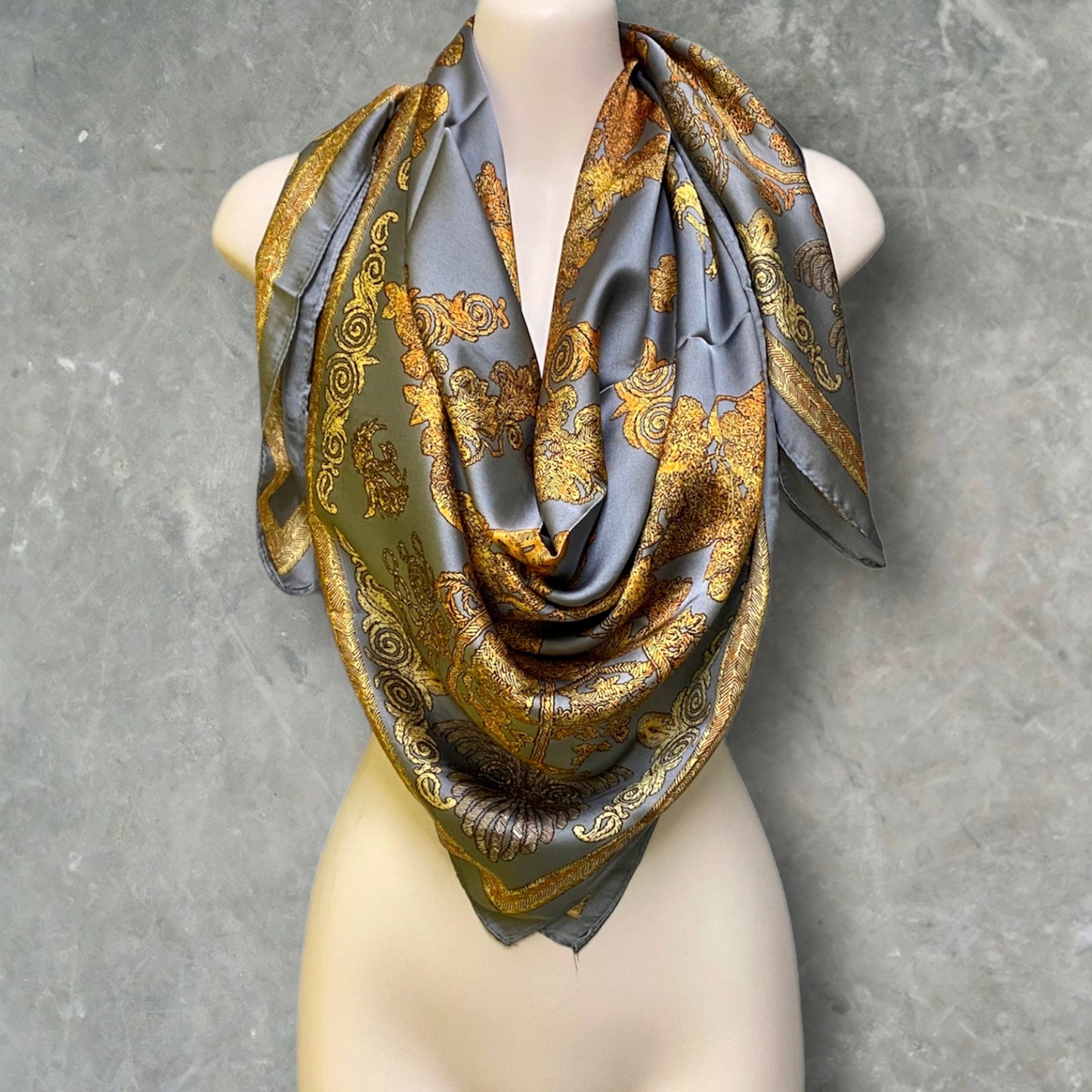 Gold and Silver Silk Square Scarf with Balinese Pattern – An Elegant Gift for Her, Any Occasion