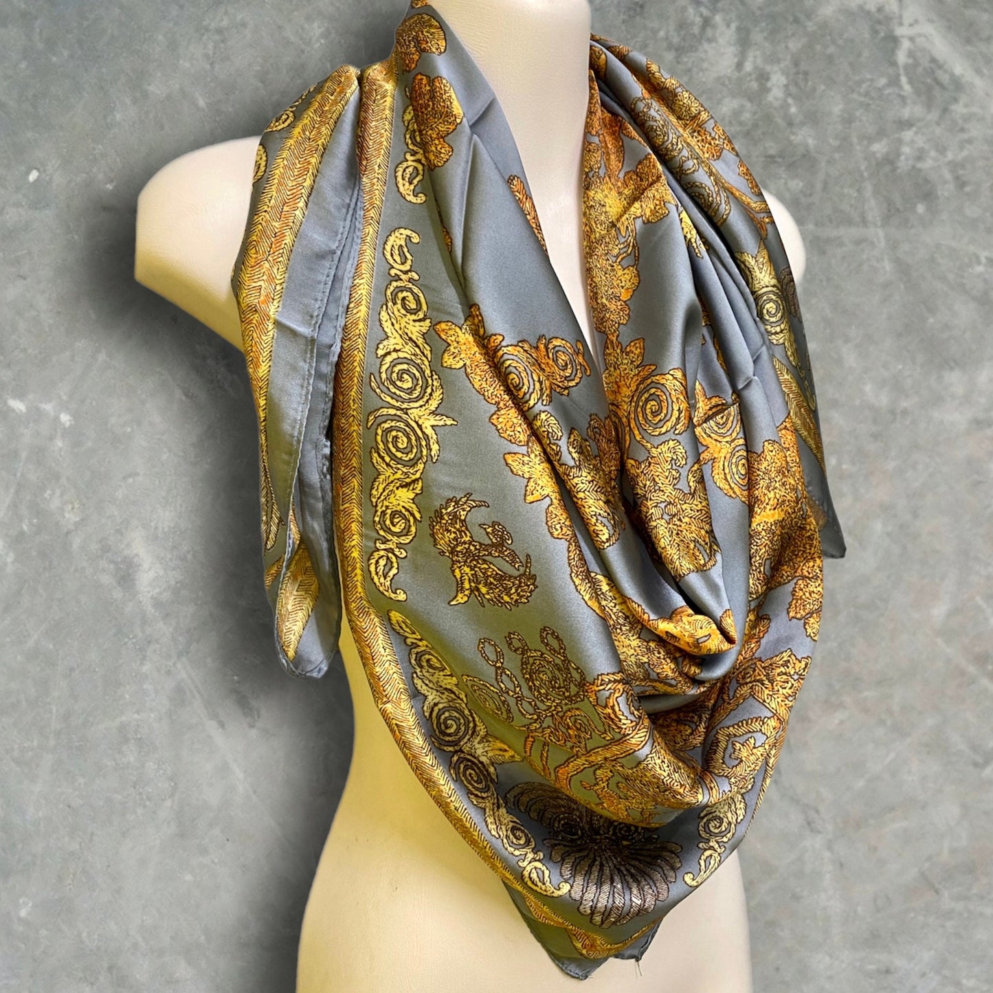 Gold and Silver Silk Square Scarf with Balinese Pattern – An Elegant Gift for Her, Any Occasion