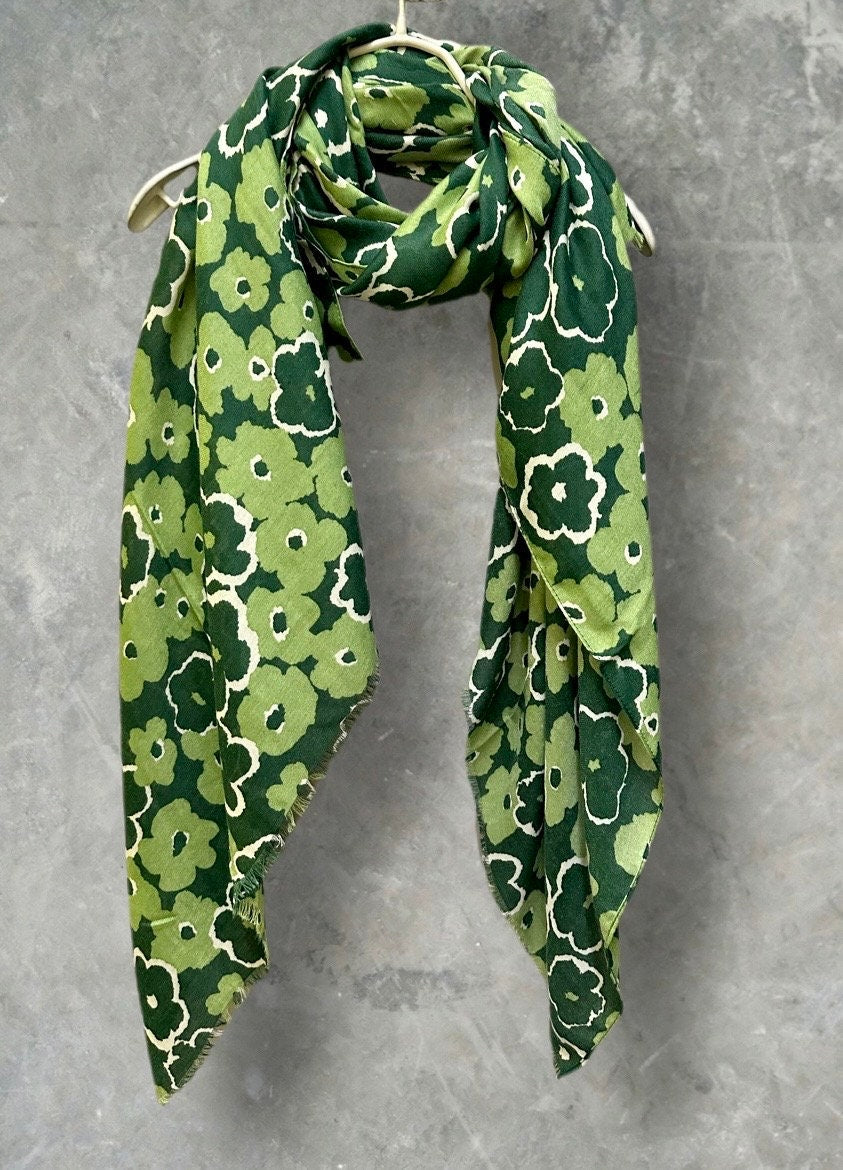 Sketched Poppy Pattern Green Scarf/Cotton Blend Scarf/Summer Autumn Winter Scarf/Scarf Women/Gifts For Her Birthday Christmas