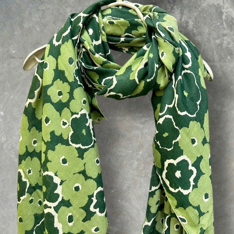 Sketched Poppy Pattern Green Scarf/Cotton Blend Scarf/Summer Autumn Winter Scarf/Scarf Women/Gifts For Her Birthday Christmas