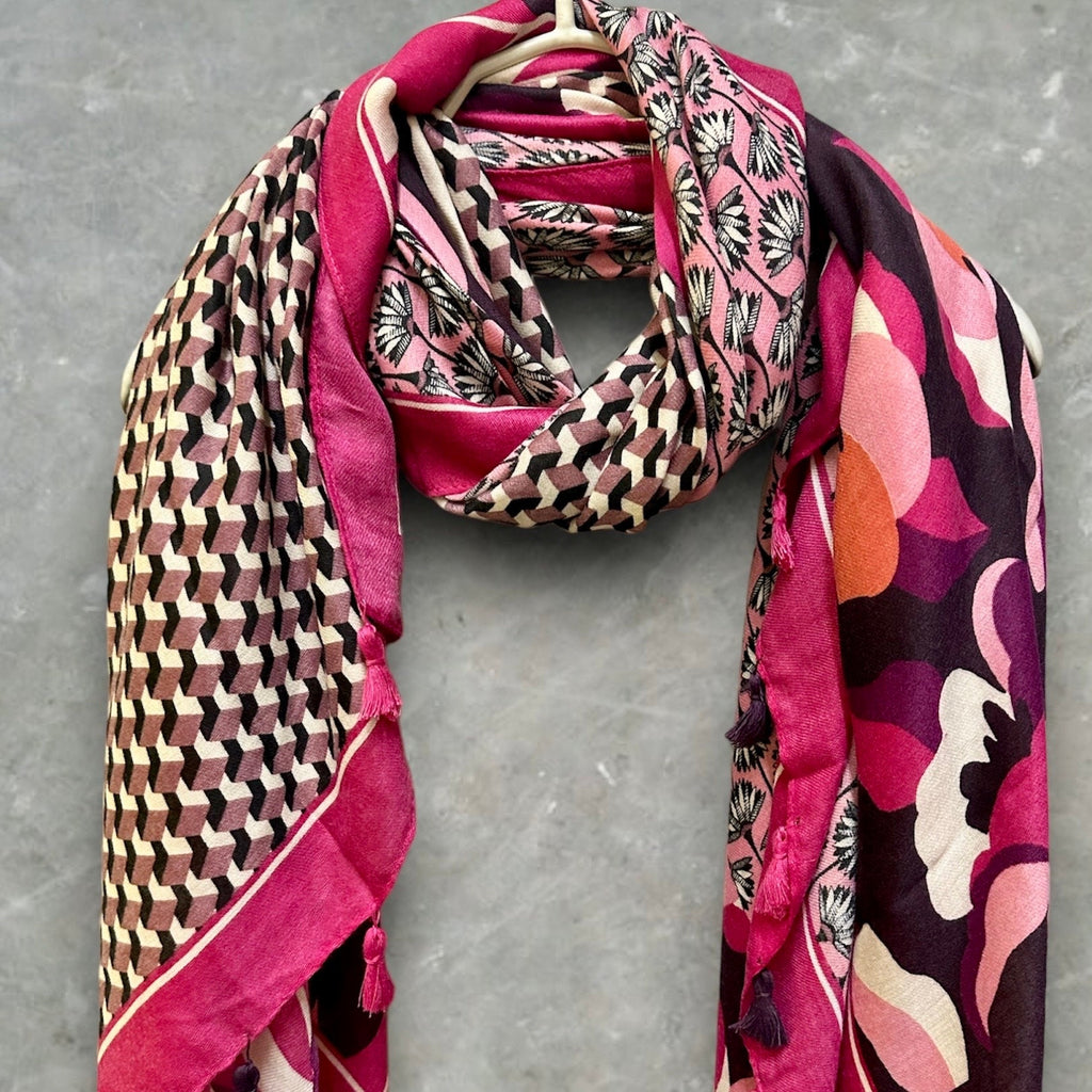 Versatile Pink Cotton Scarf with Seamless Flowers Pattern and Tassels