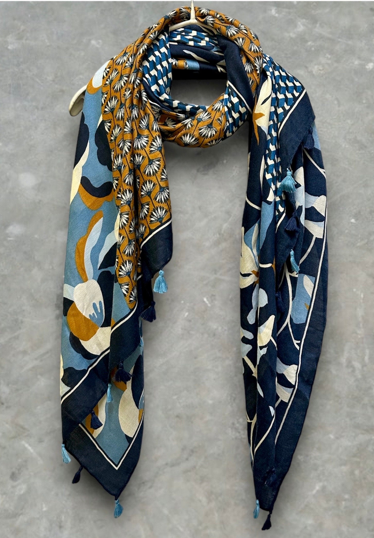 Versatile Blue Cotton Scarf with Seamless Flowers Pattern and Tassels