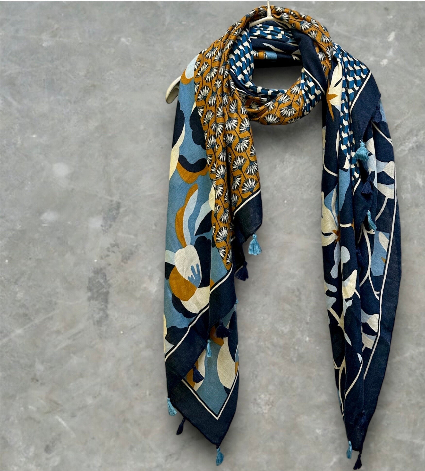 Versatile Blue Cotton Scarf with Seamless Flowers Pattern and Tassels