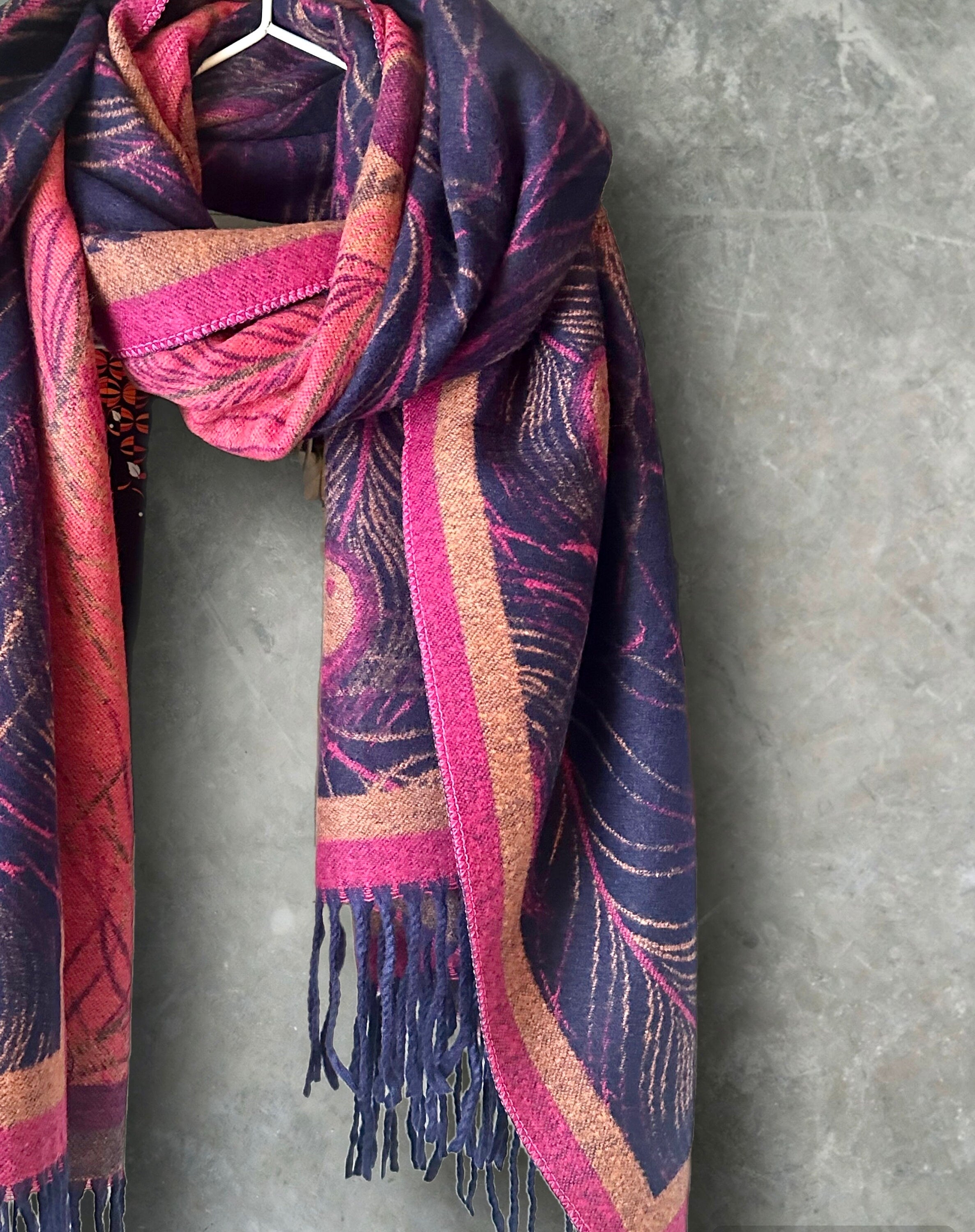 Luxury Cashmere Blend Scarf in Blue and Pink with Feather Pattern