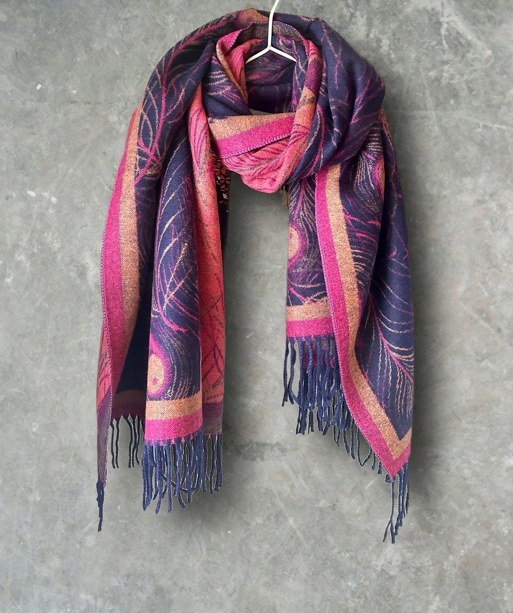 Luxury Cashmere Blend Scarf in Blue and Pink with Feather Pattern