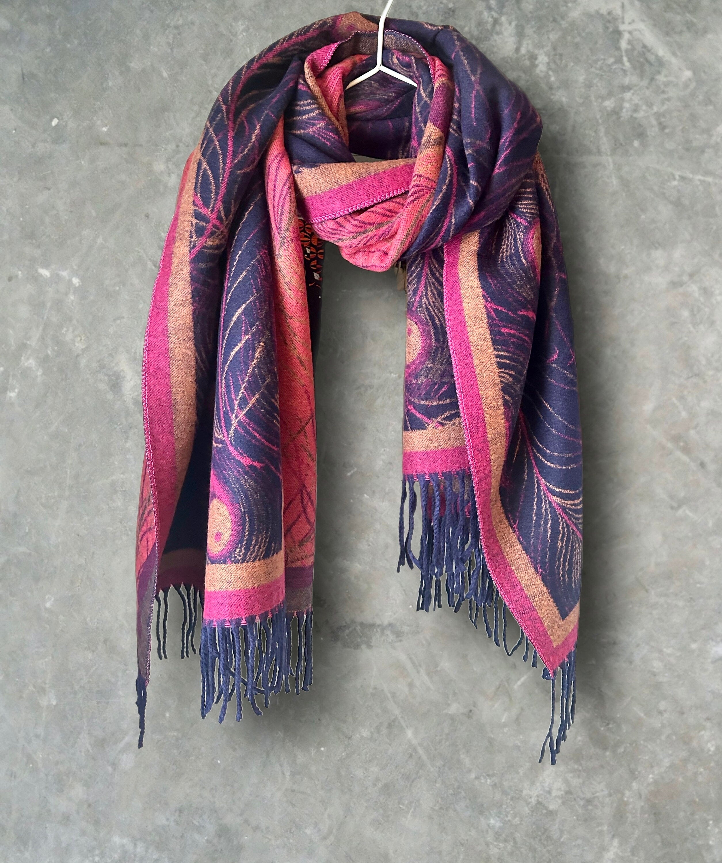 Luxury Cashmere Blend Scarf in Blue and Pink with Feather Pattern
