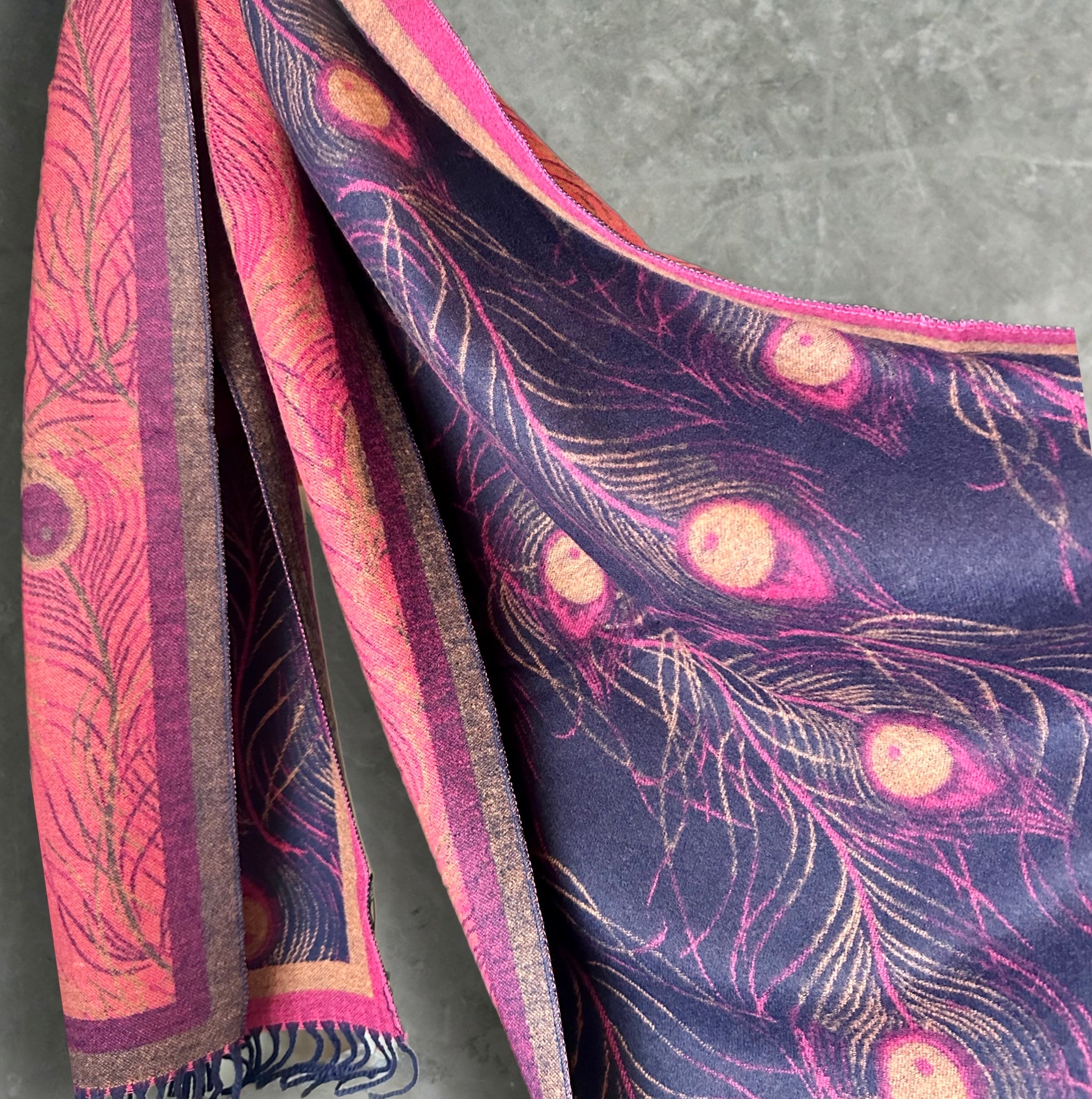 Luxury Cashmere Blend Scarf in Blue and Pink with Feather Pattern