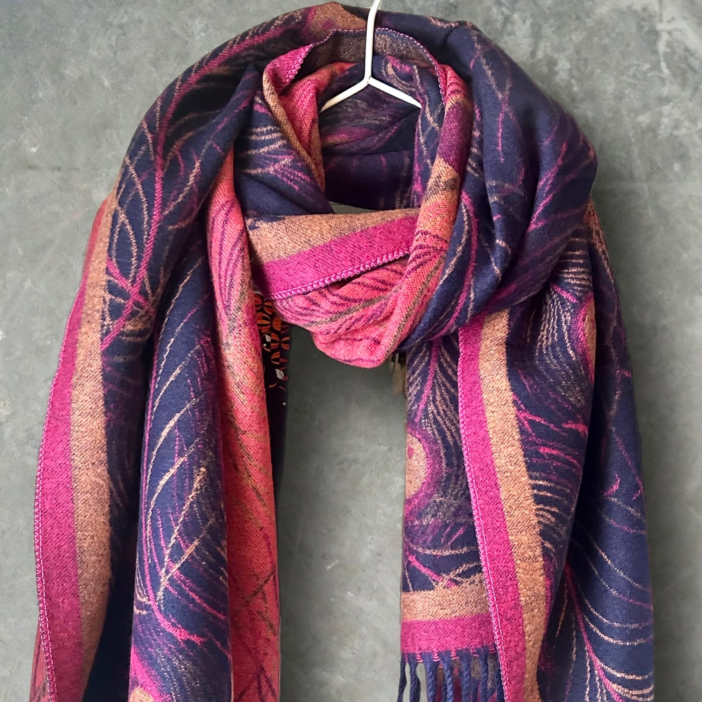 Luxury Cashmere Blend Scarf in Blue and Pink with Feather Pattern