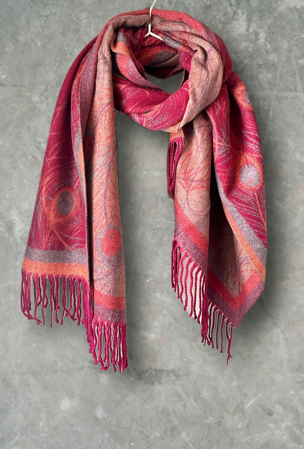 Cashmere Scarf in Maroon Red with Feathers Pattern