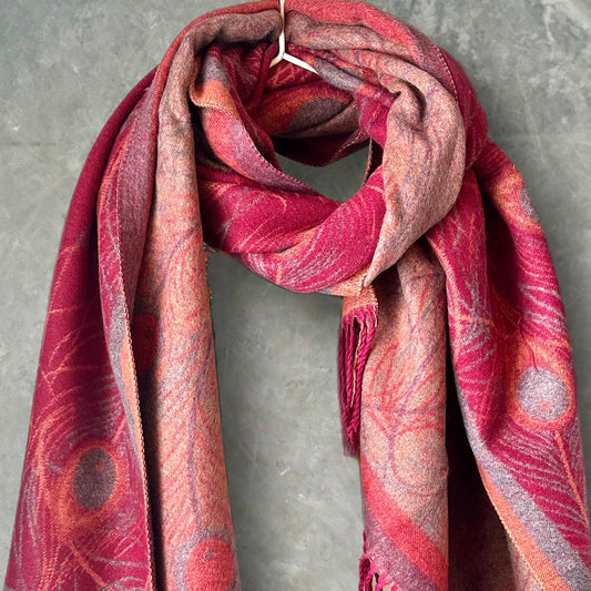 Cashmere Scarf in Maroon Red with Feathers Pattern,Winter Scarf,The Perfect Gift for Mom,Her,Birthday and Christmas.