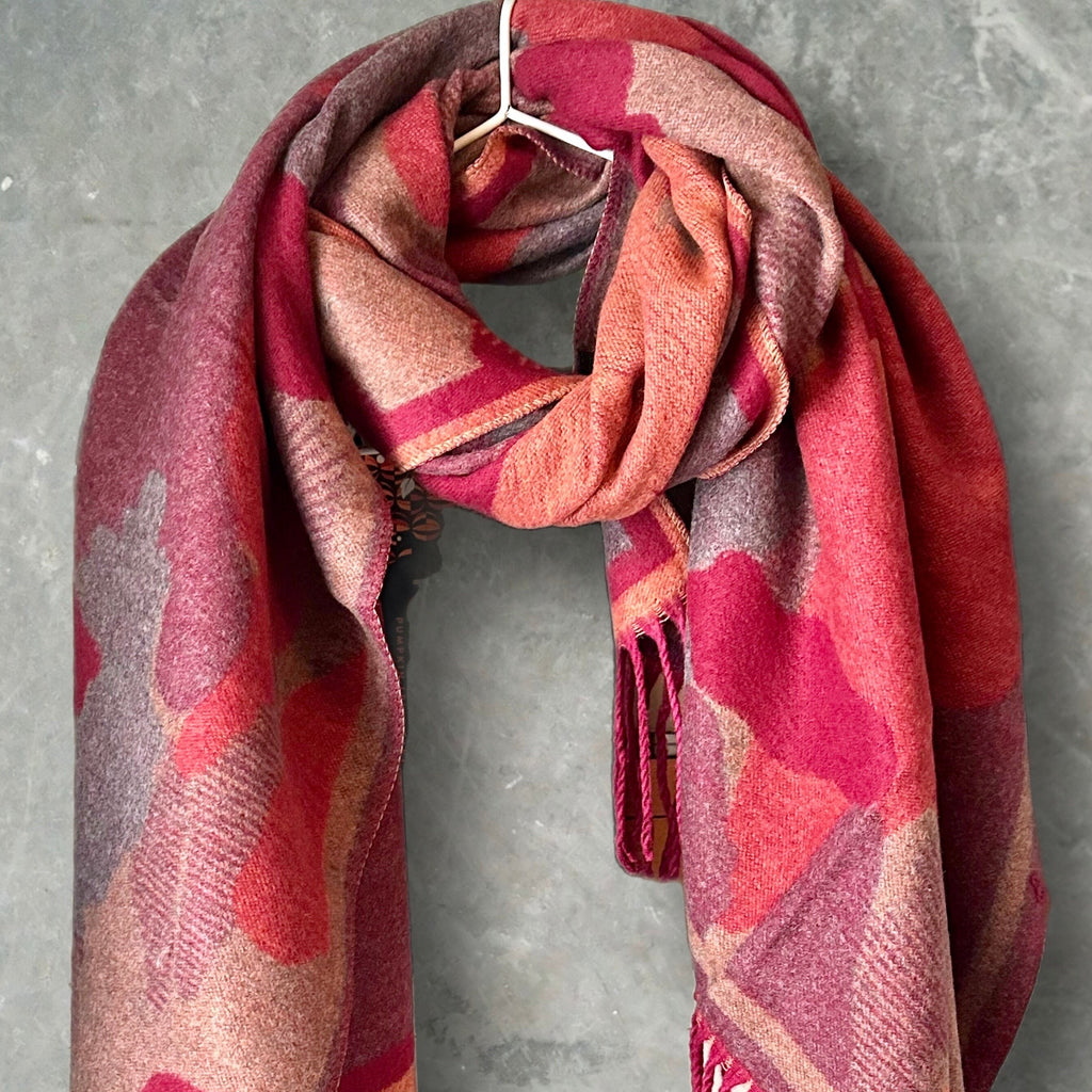 Cashmere Blend Scarf in Red and Orange with Color Patch Pattern