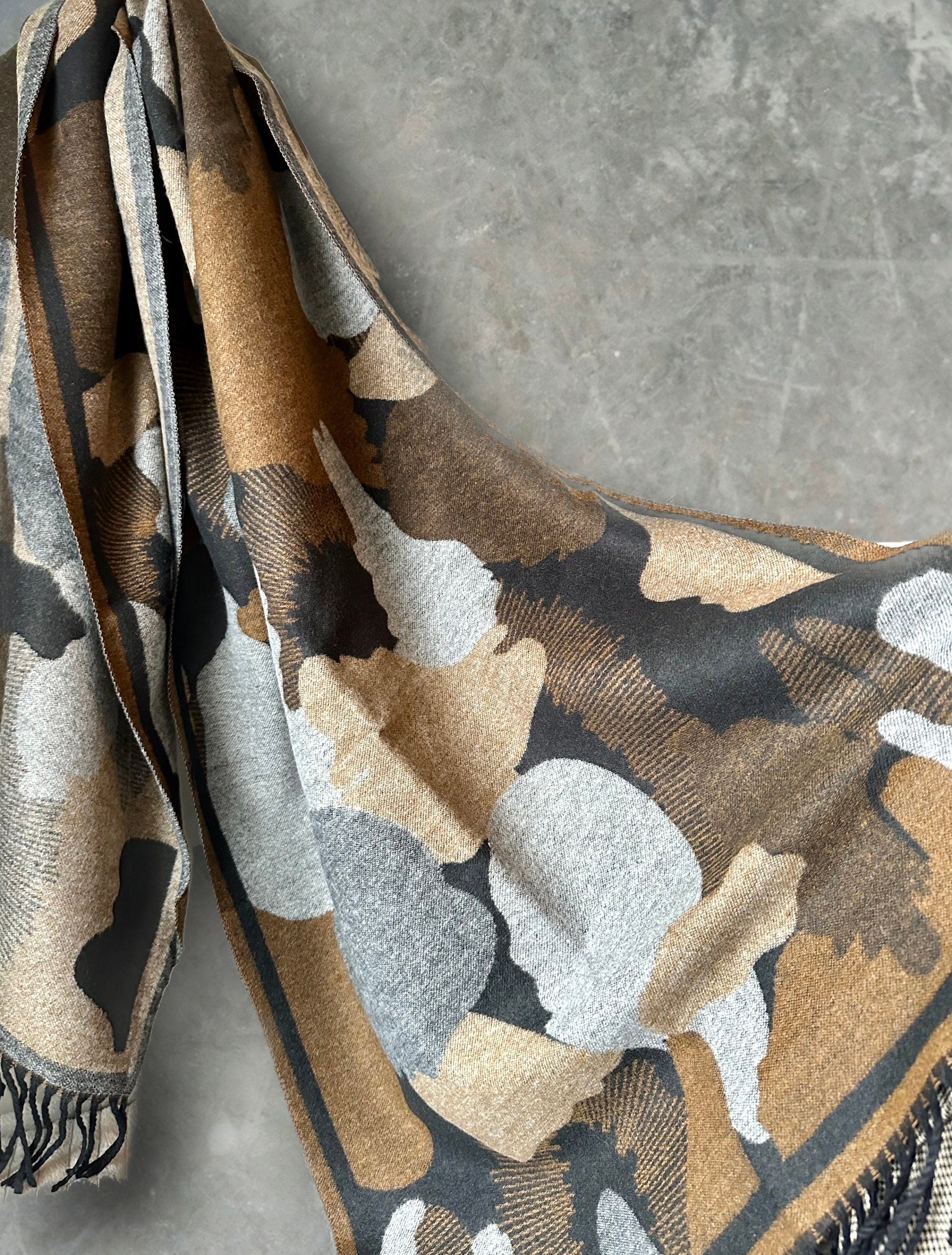 Cashmere Scarf in Black,Grey and Beige with Color Patch Pattern for Winter