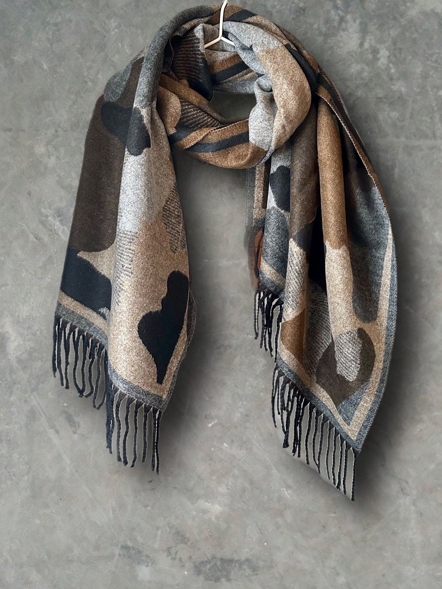 Cashmere Scarf in Black,Grey and Beige with Color Patch Pattern for Winter