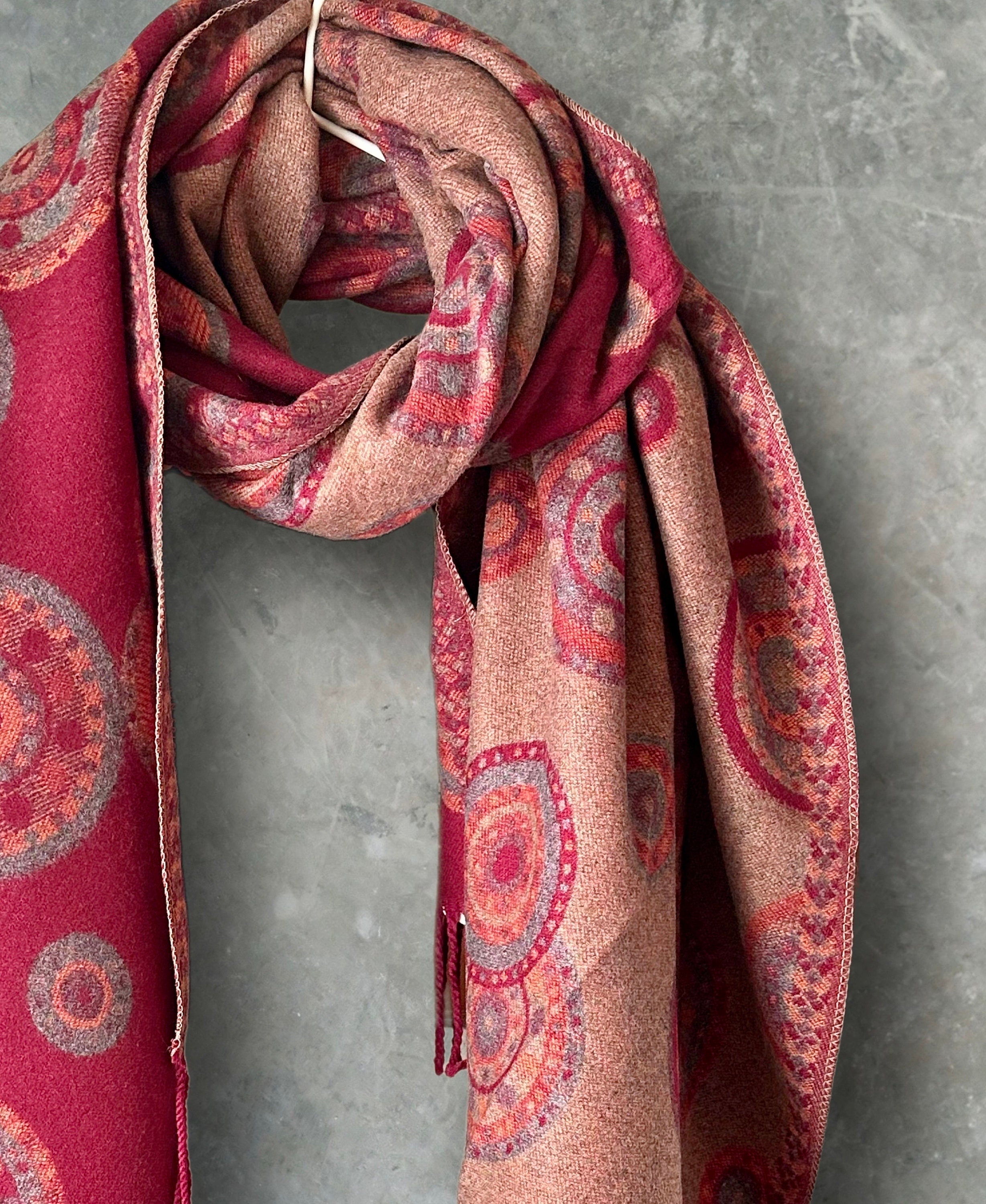 Cashmere Blend Scarf in Maroon Red with Circular Dots Pattern