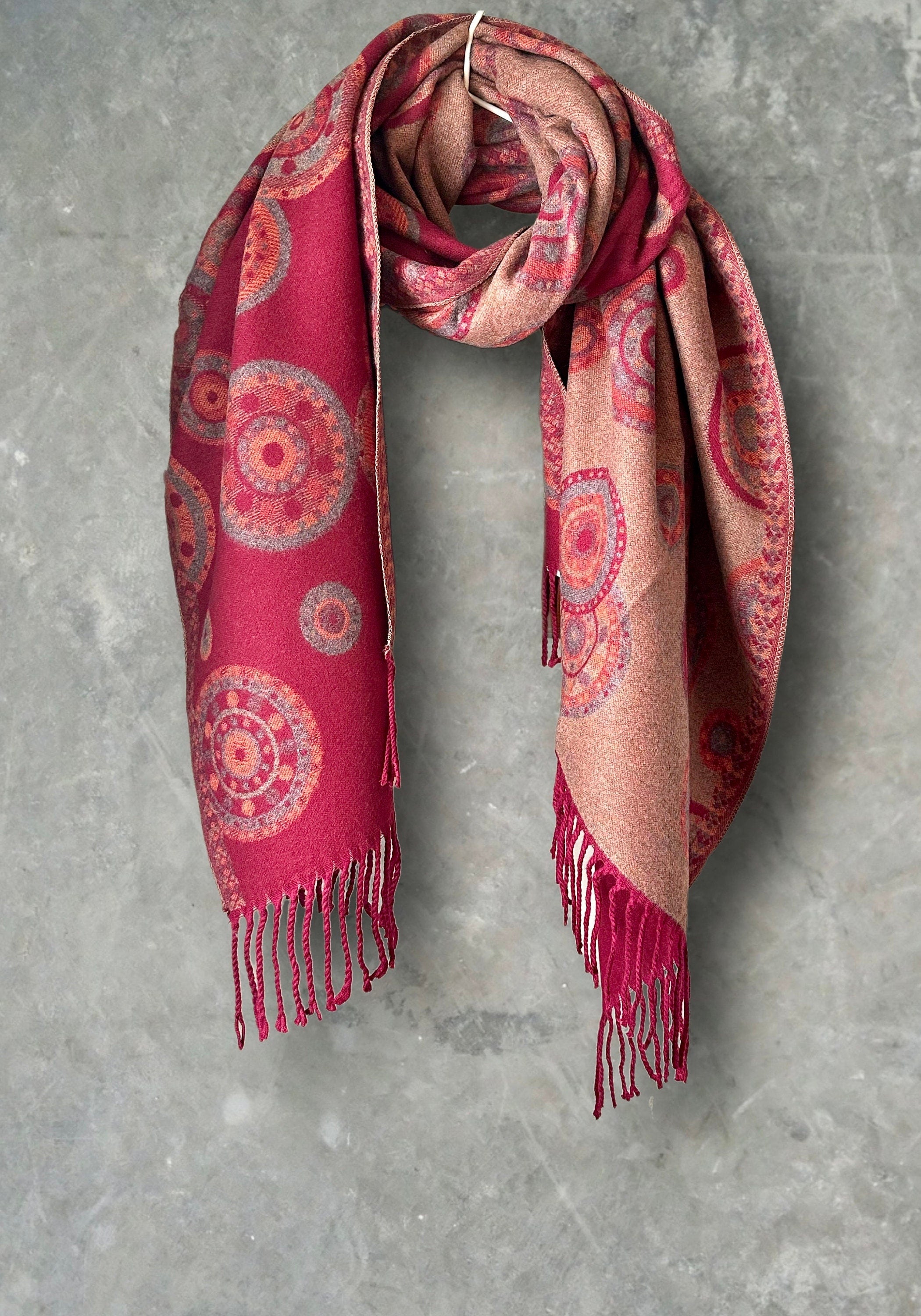 Cashmere Blend Scarf in Maroon Red with Circular Dots Pattern