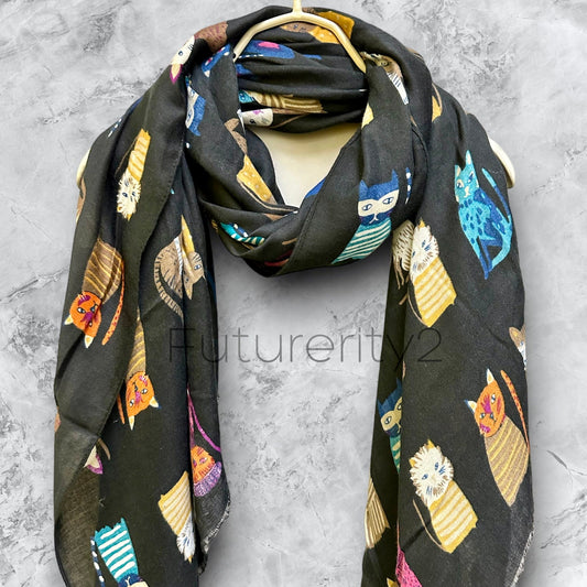 Charming Cats Pattern Black Scarf – Ideal for Gifting All Year Round