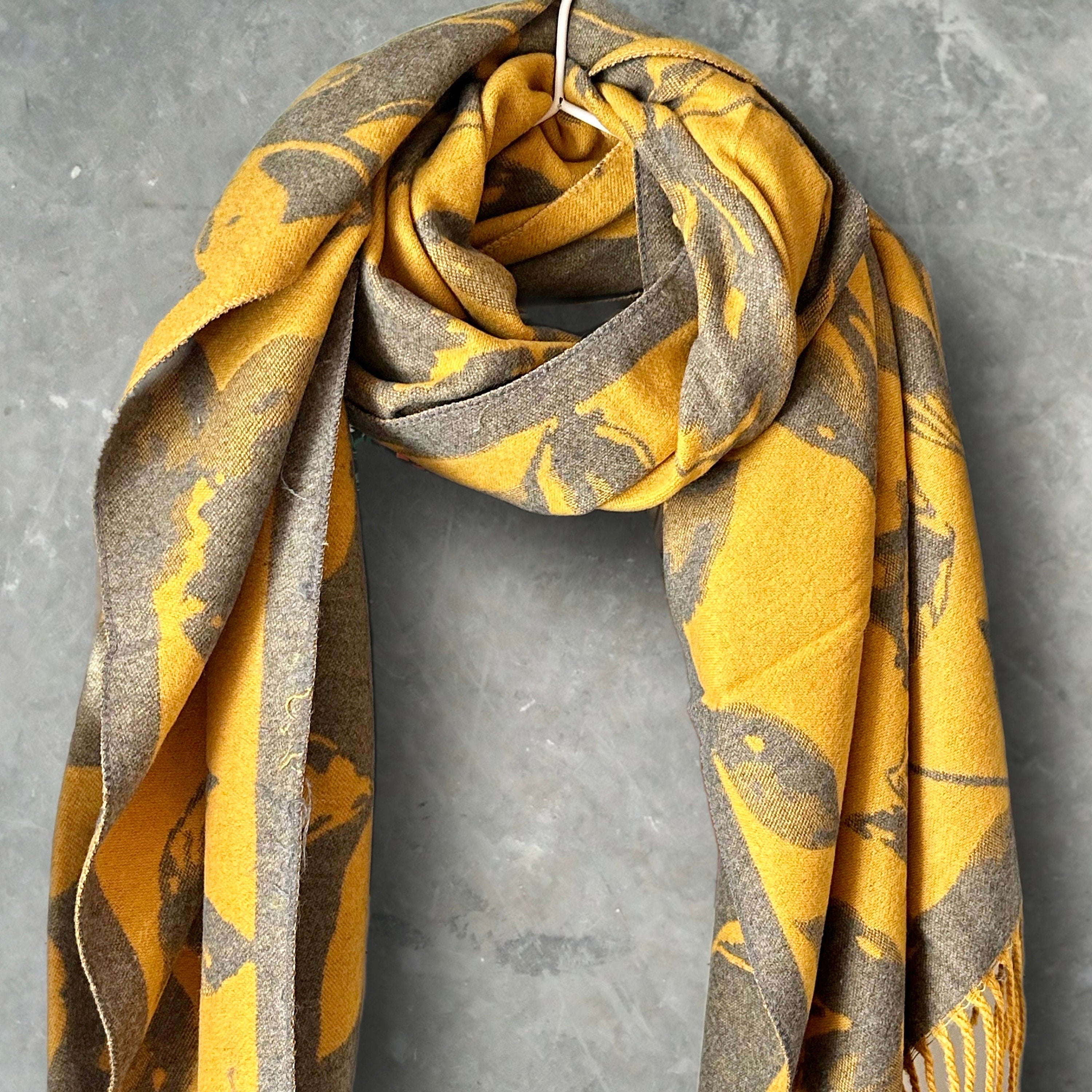 Luxury Cashmere Scarf in Mustard Yellows and Grey with Large Peony Pattern