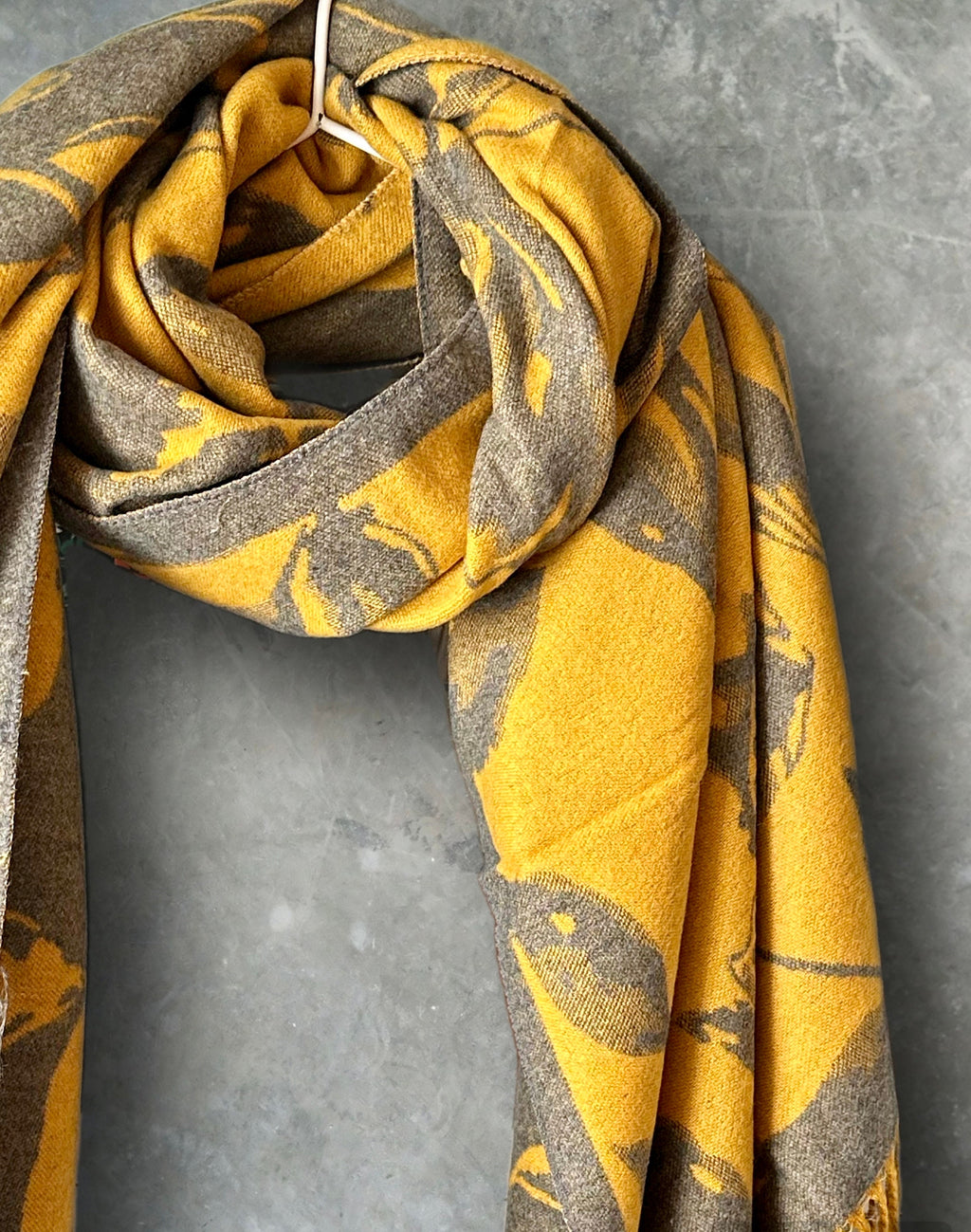 Luxury Cashmere Scarf in Mustard Yellows and Grey with Large Peony Pattern