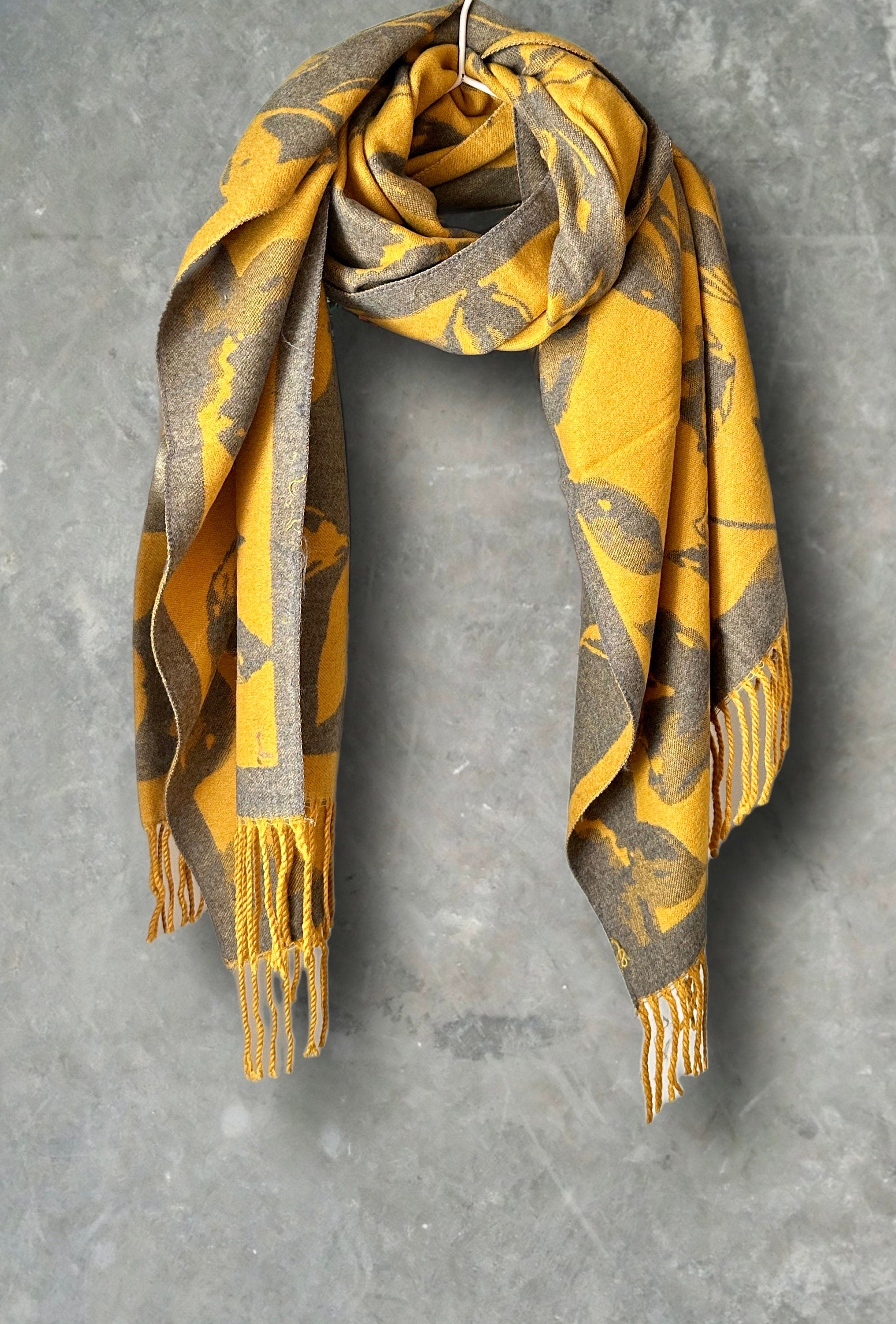 Luxury Cashmere Scarf in Mustard Yellows and Grey with Large Peony Pattern
