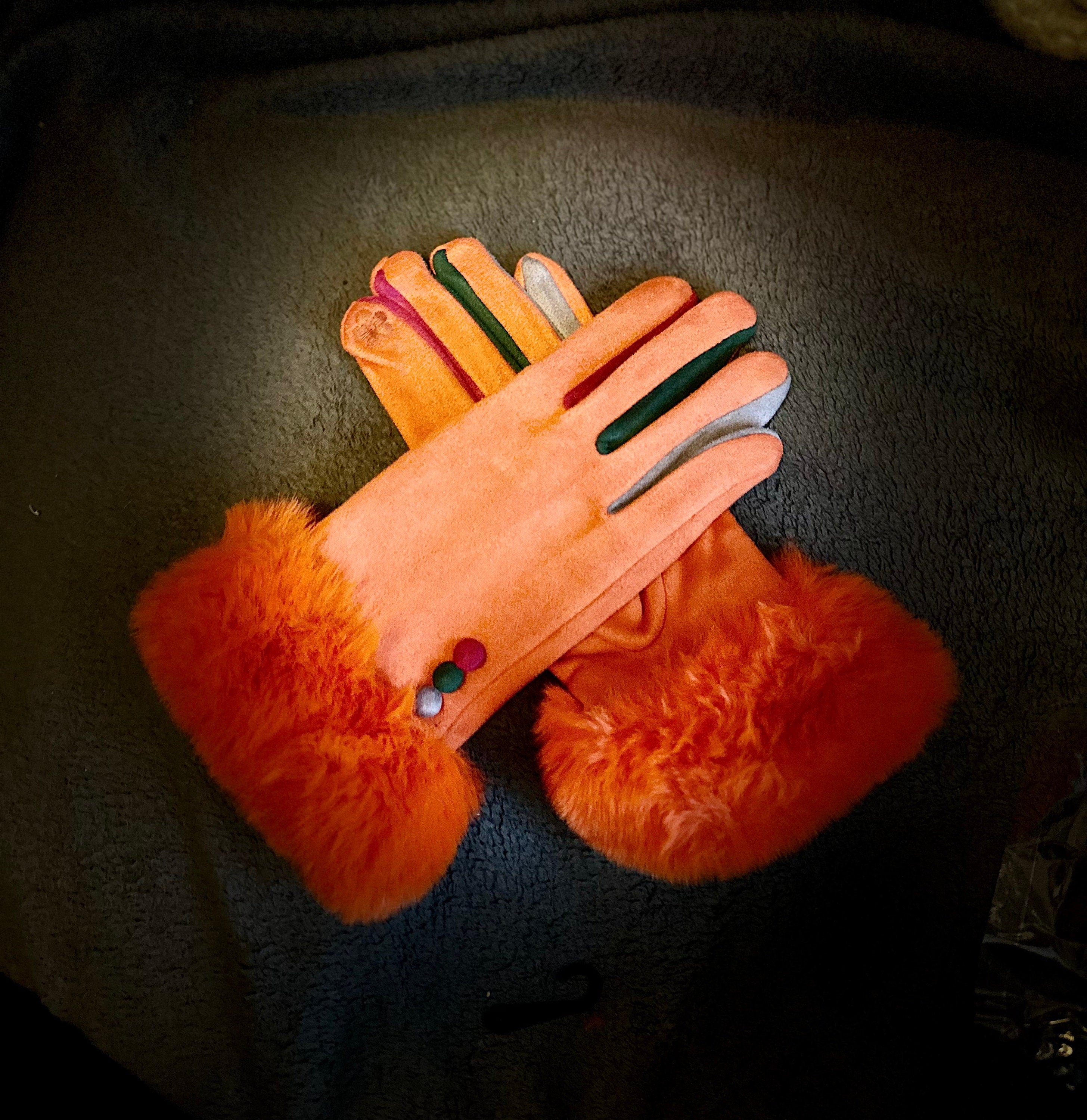 Orange Faux Suede Winter Gloves with Faux Fur