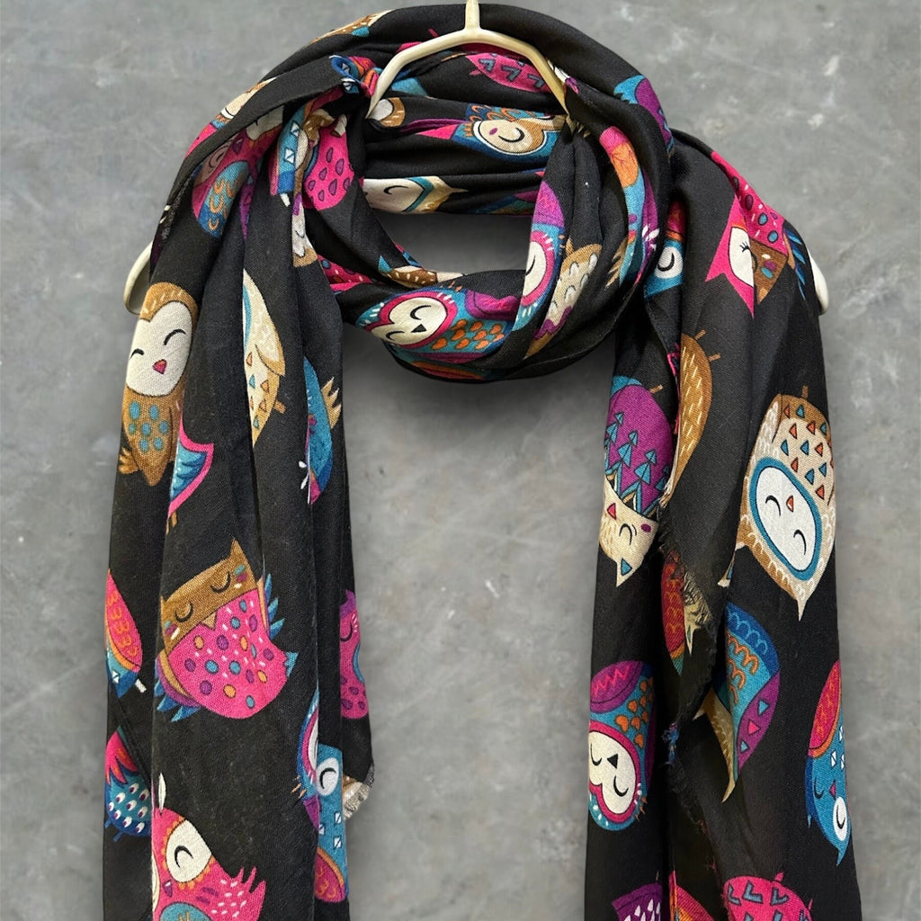 Charming Owls Pattern Black Scarf – Perfect All-Season Gift for Mom and Her