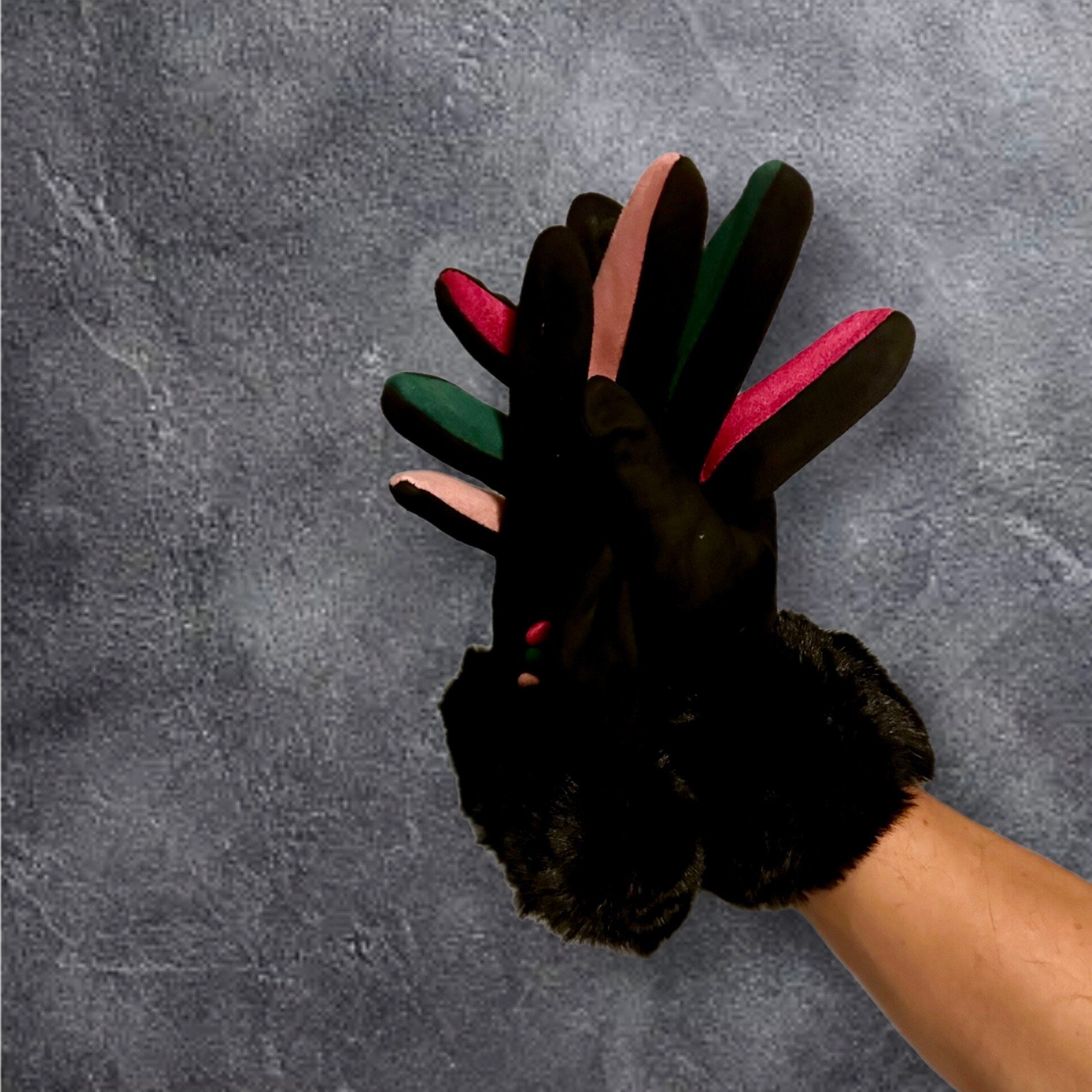 Black Faux Suede Gloves with Faux Fur,Winter Gloves,Stretch Suede Fabric Women Gloves,Great Gifts for Mom,Her,Birthday and Christmas
