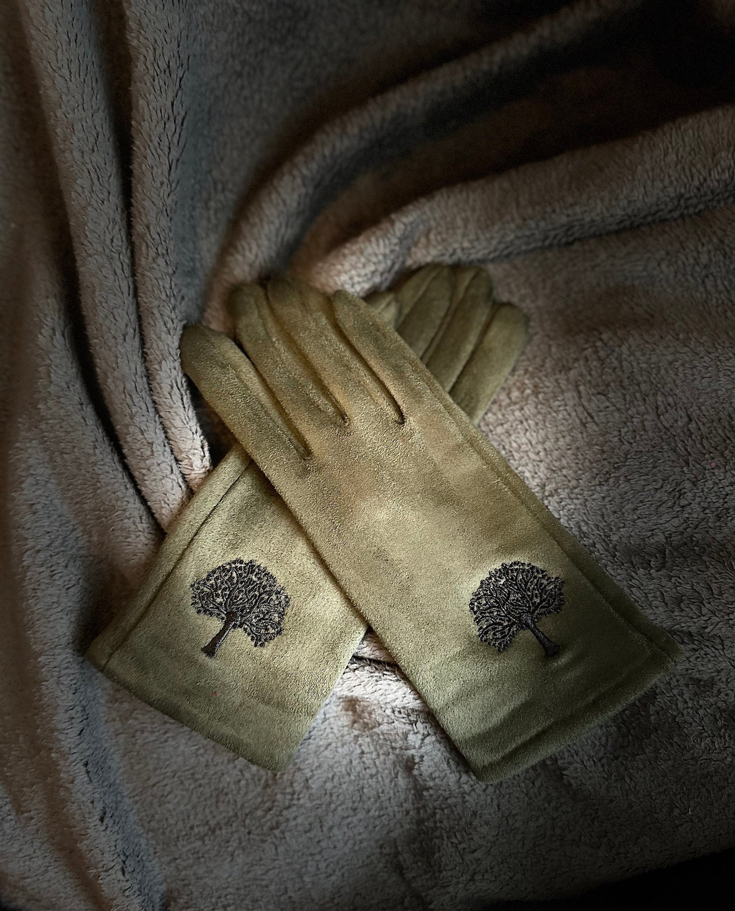 Light Blue Gloves with Embroidery Mulberry Tree,Winter Gloves,Stretch Suede Fabric Women Gloves,Gifts for Mom,Her,Birthday and Christmas