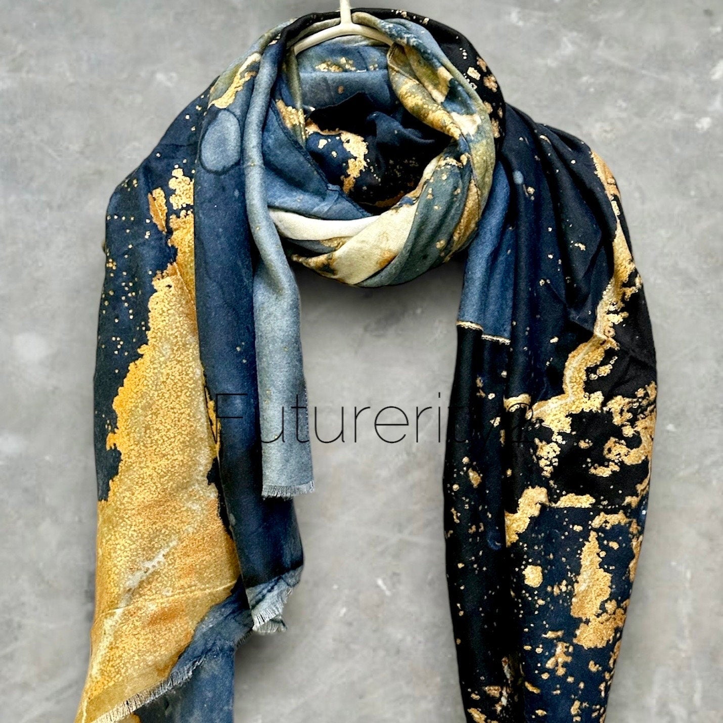 Abstract Pattern With Gold Accents Blue Cotton Scarf