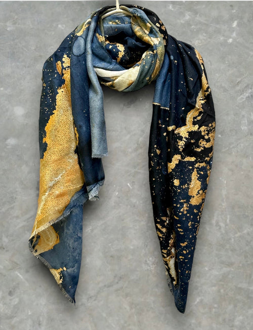 Abstract Pattern With Gold Accents Blue Cotton Scarf